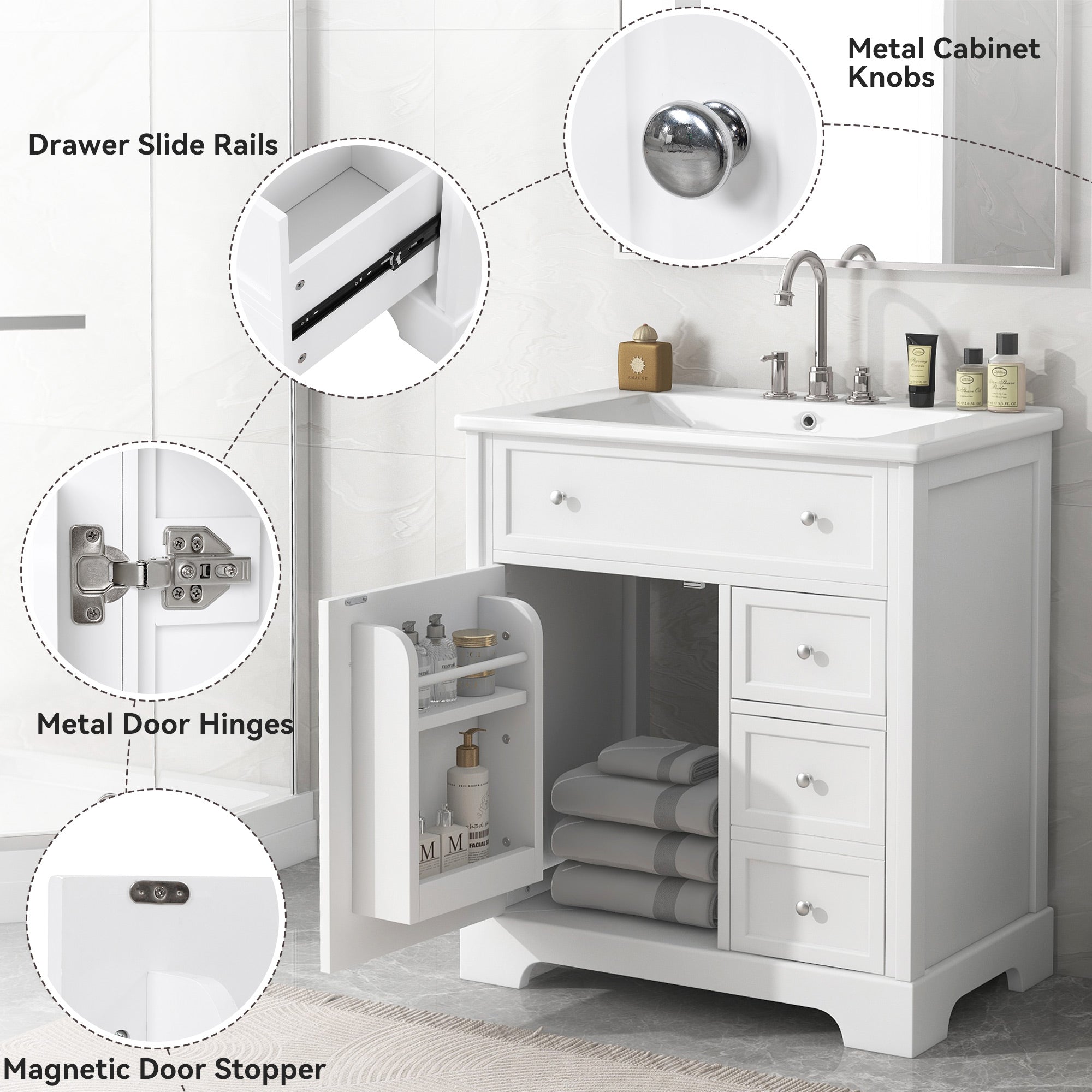 30 inch Freestanding Bathroom Vanity Set in White with Integrated Ceramic Sink