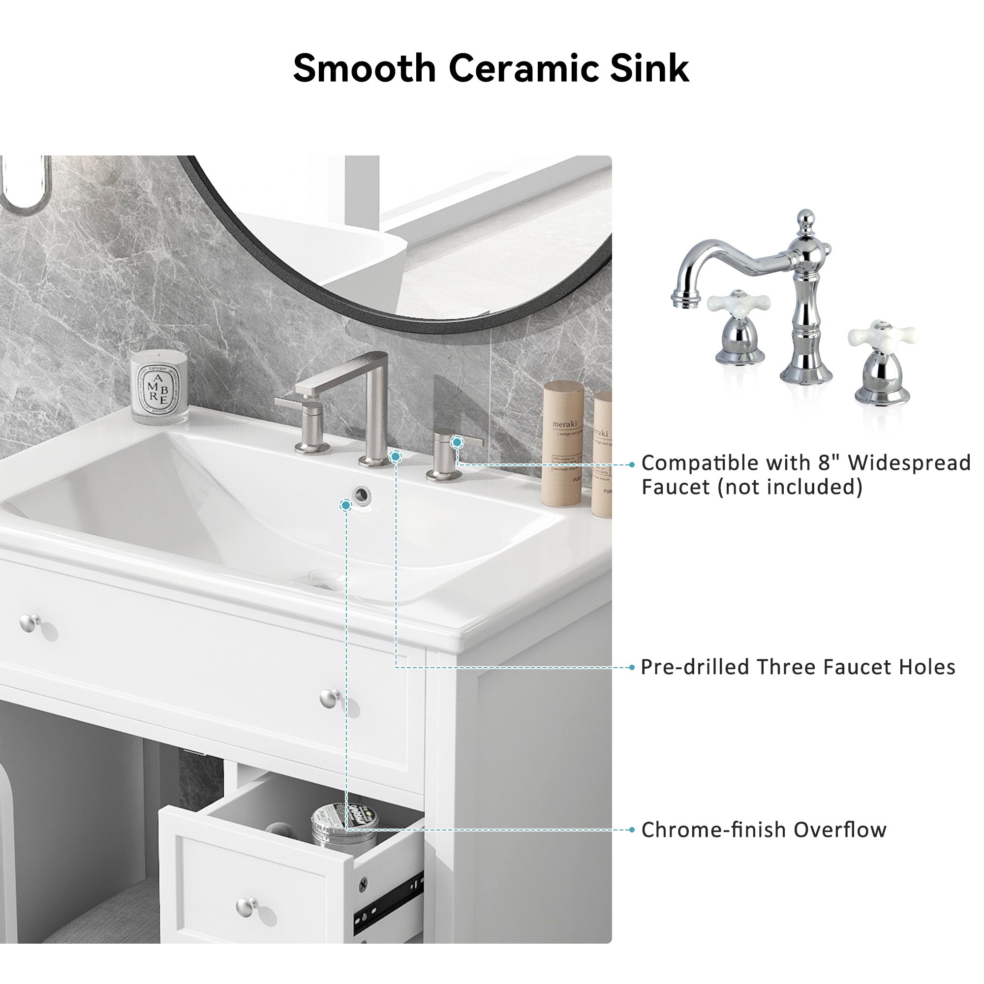 30 inch Freestanding Bathroom Vanity Set in White with Integrated Ceramic Sink