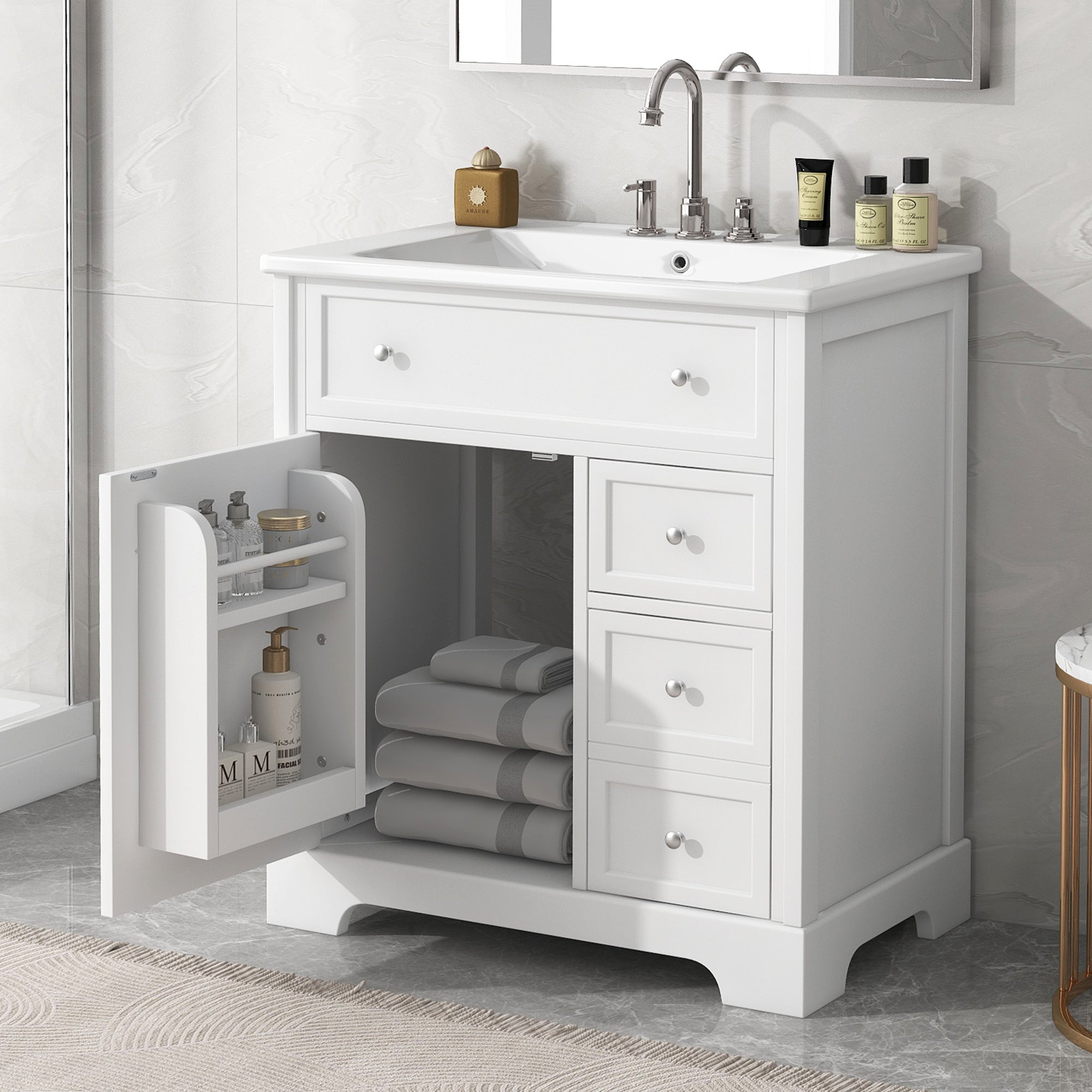 30 inch Freestanding Bathroom Vanity Set in White with Integrated Ceramic Sink