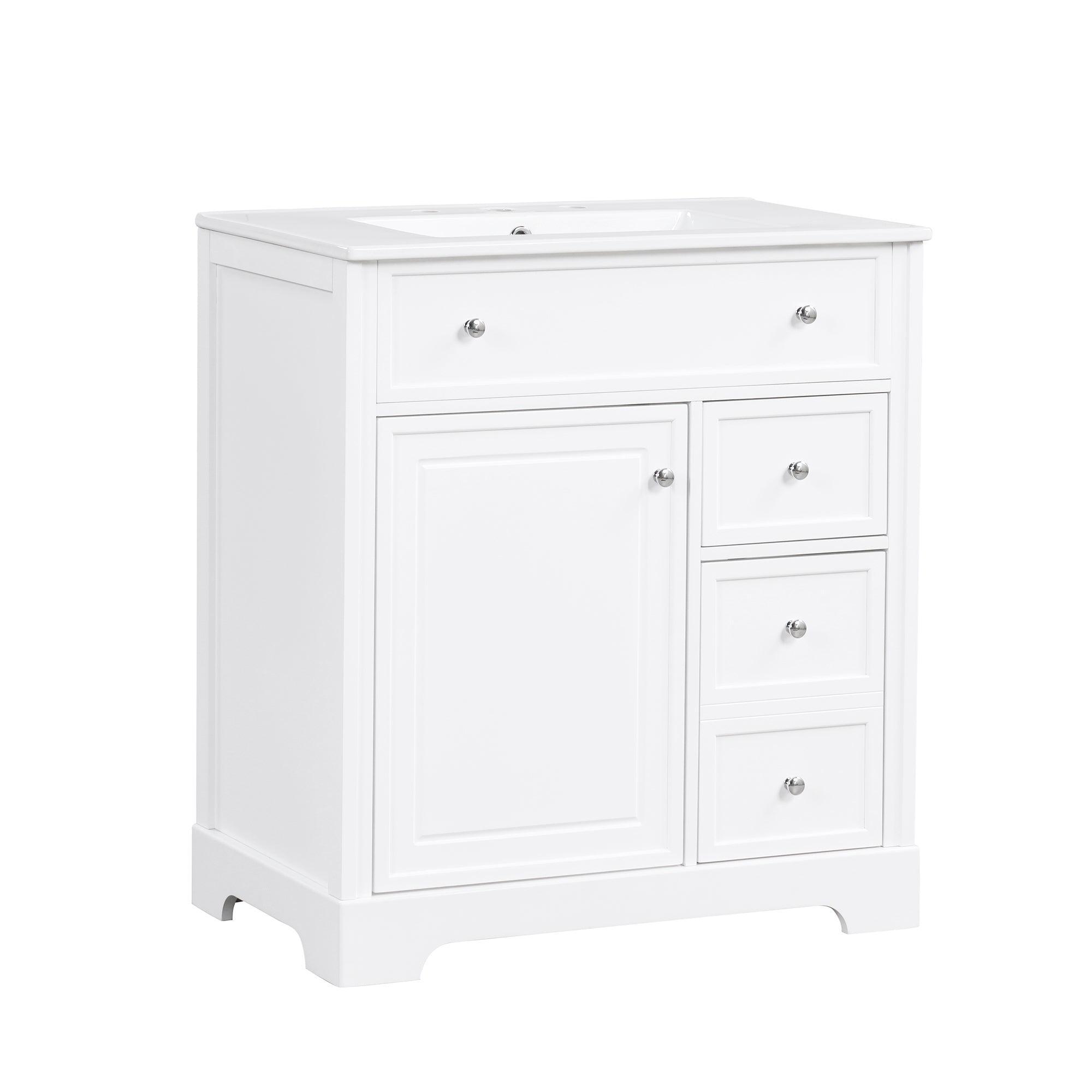 30 inch Freestanding Bathroom Vanity Set in White with Integrated Ceramic Sink