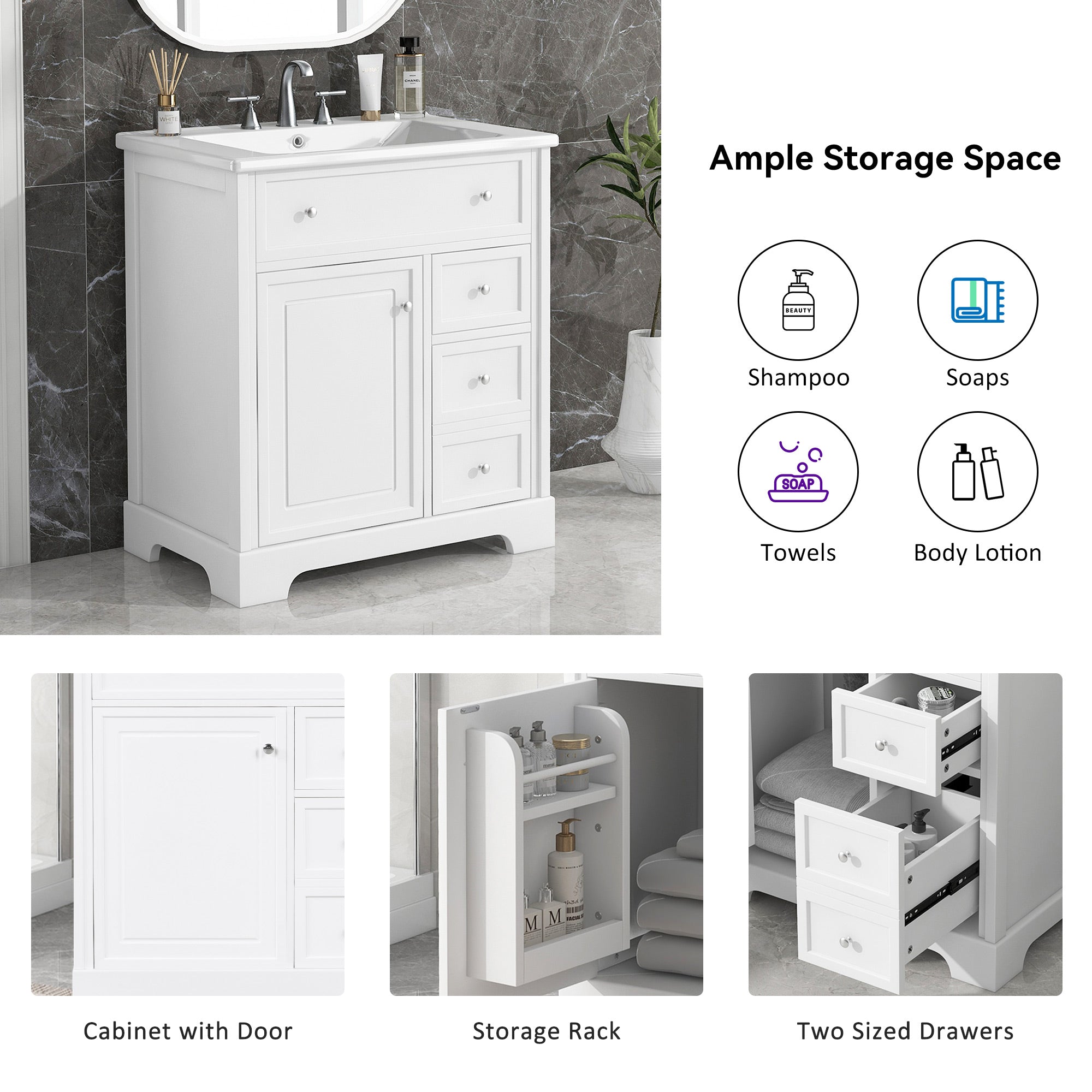 30 inch Freestanding Bathroom Vanity Set in White with Integrated Ceramic Sink