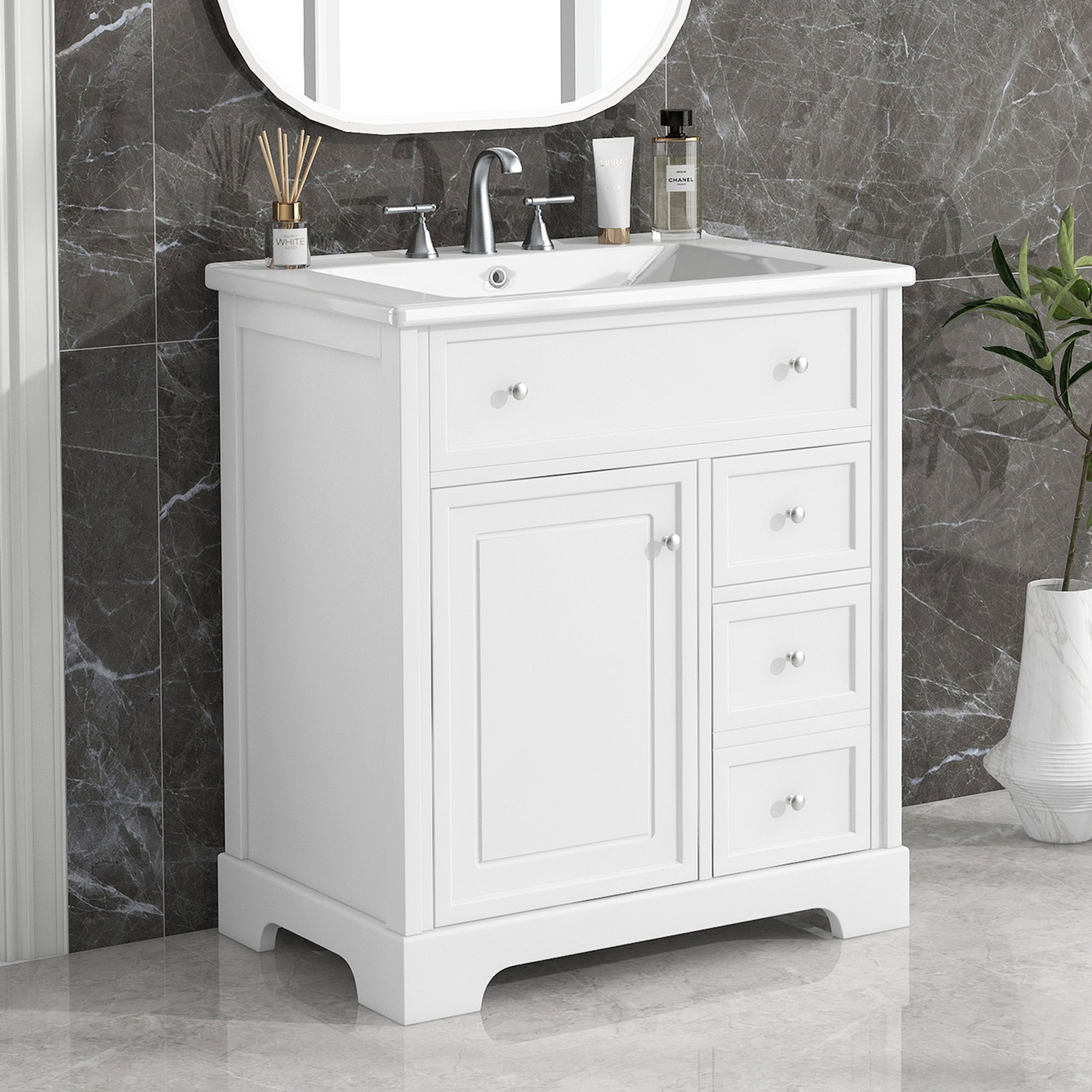 30 inch Freestanding Bathroom Vanity Set in White with Integrated Ceramic Sink
