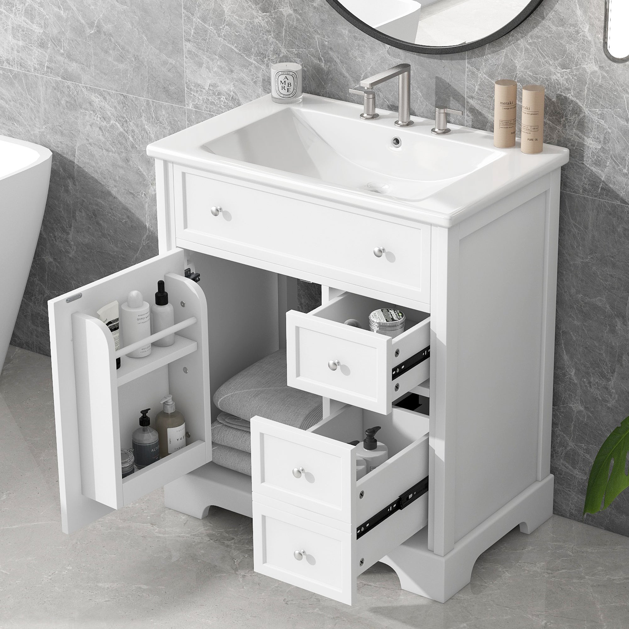 30 inch Freestanding Bathroom Vanity Set in White with Integrated Ceramic Sink