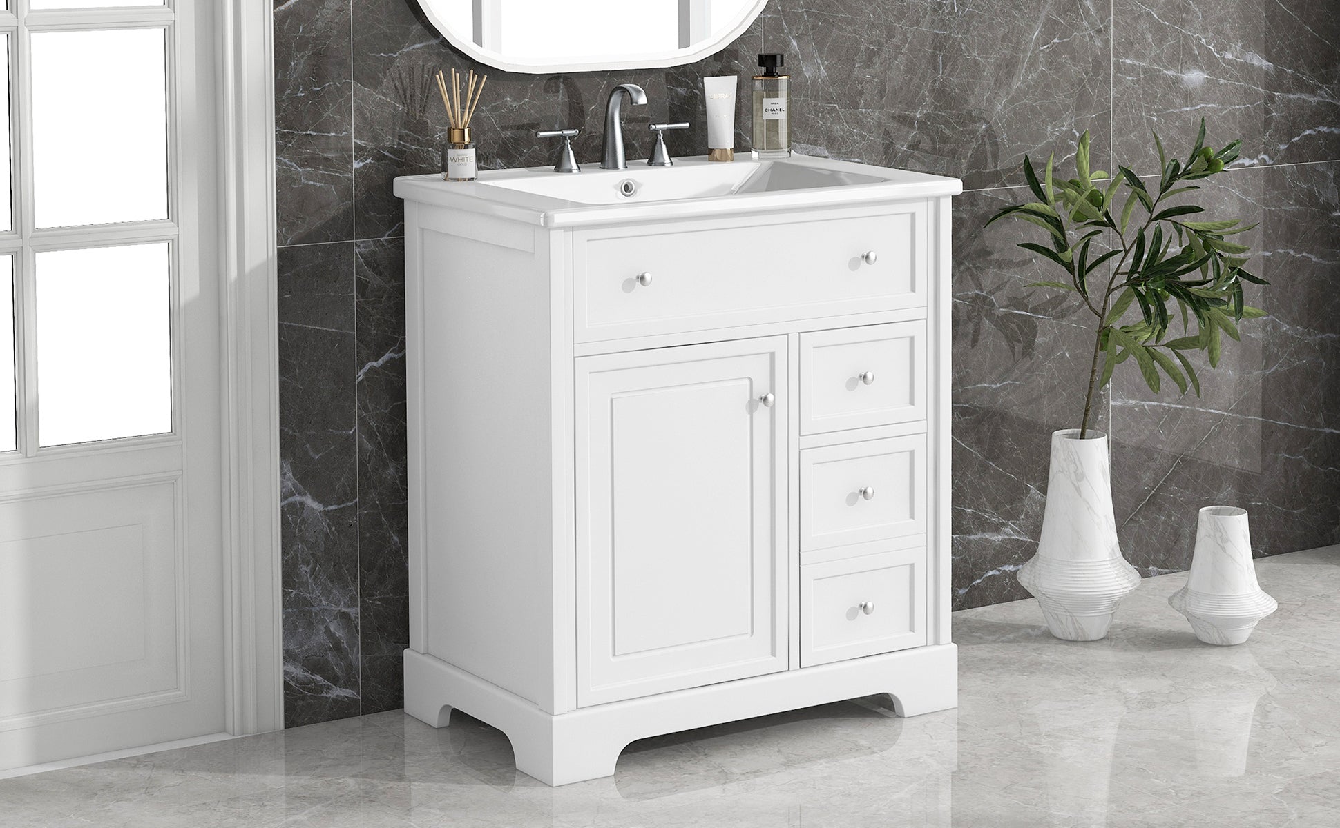 30 inch Freestanding Bathroom Vanity Set in White with Integrated Ceramic Sink
