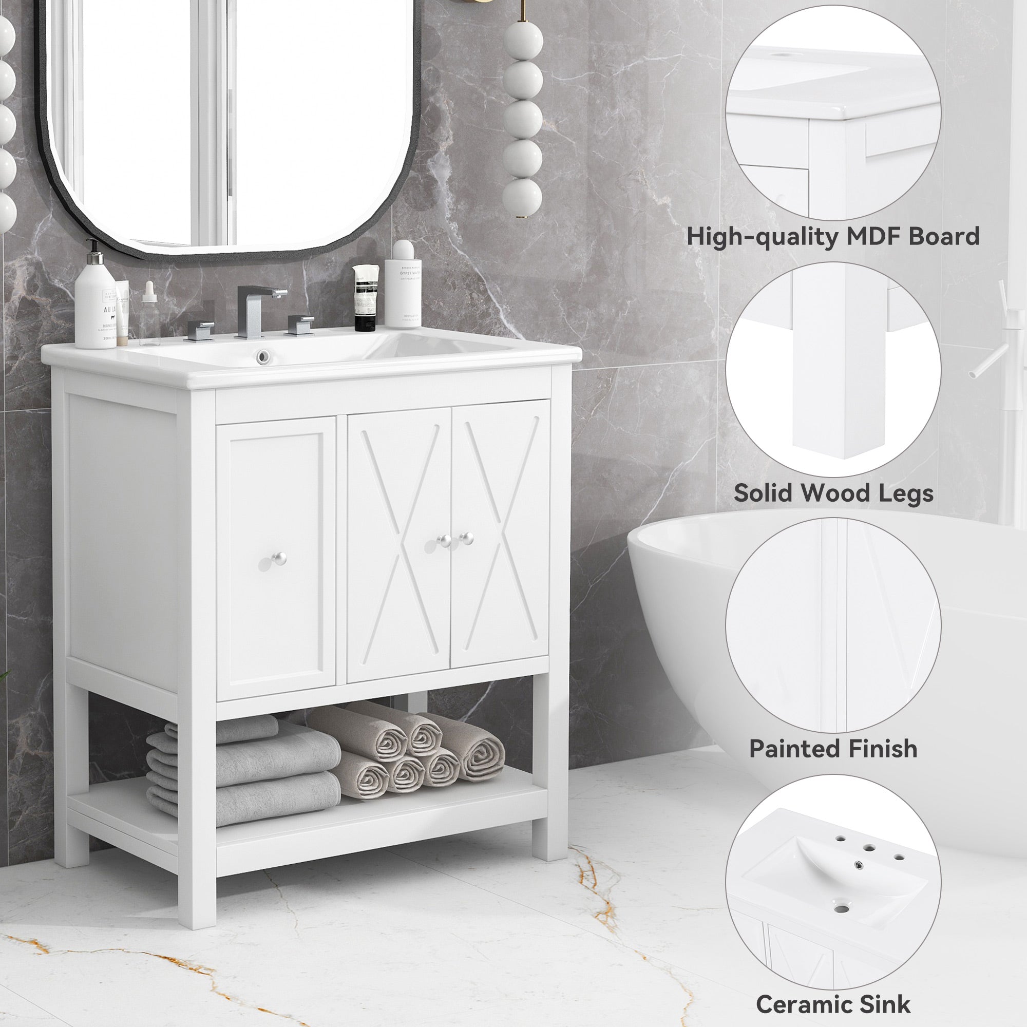 30 inch Freestanding Bathroom Vanity Set in White with Integrated Ceramic Sink