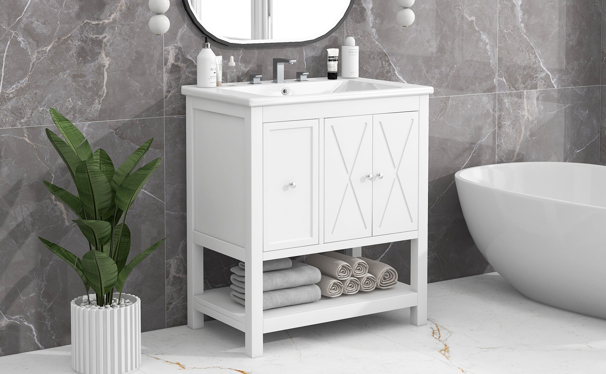 30 inch Freestanding Bathroom Vanity Set in White with Integrated Ceramic Sink