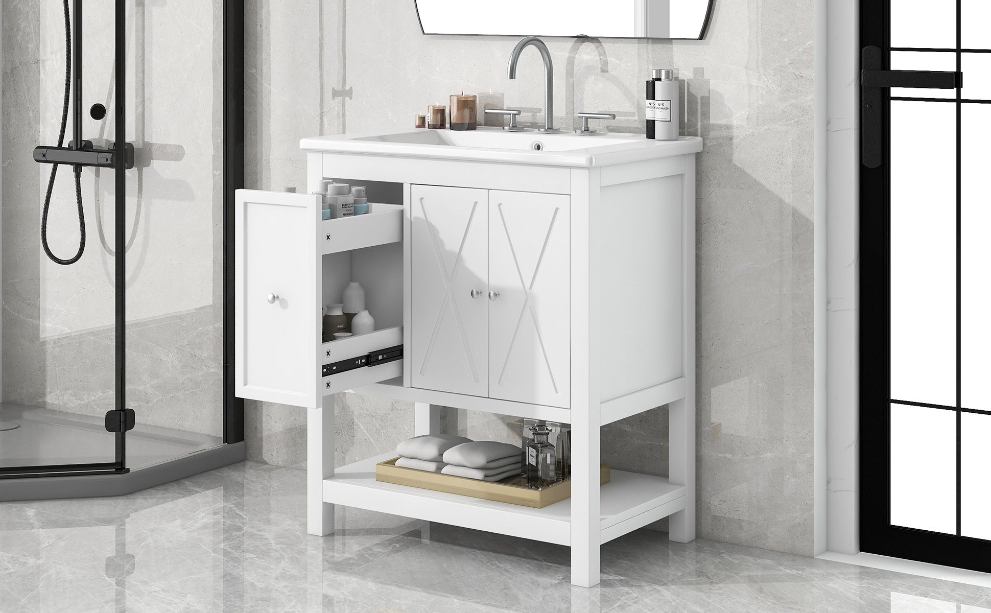 30 inch Freestanding Bathroom Vanity Set in White with Integrated Ceramic Sink