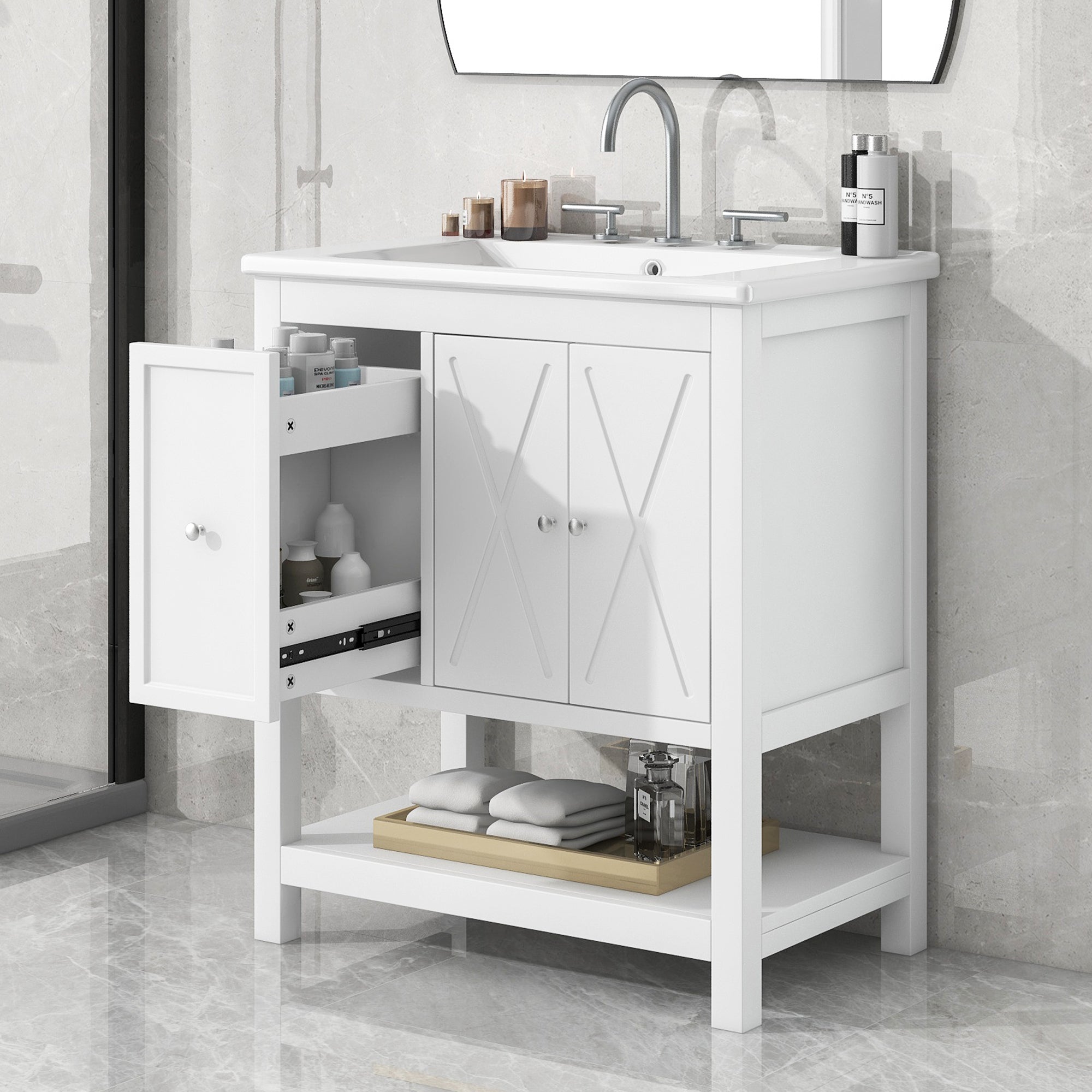 30 inch Freestanding Bathroom Vanity Set in White with Integrated Ceramic Sink