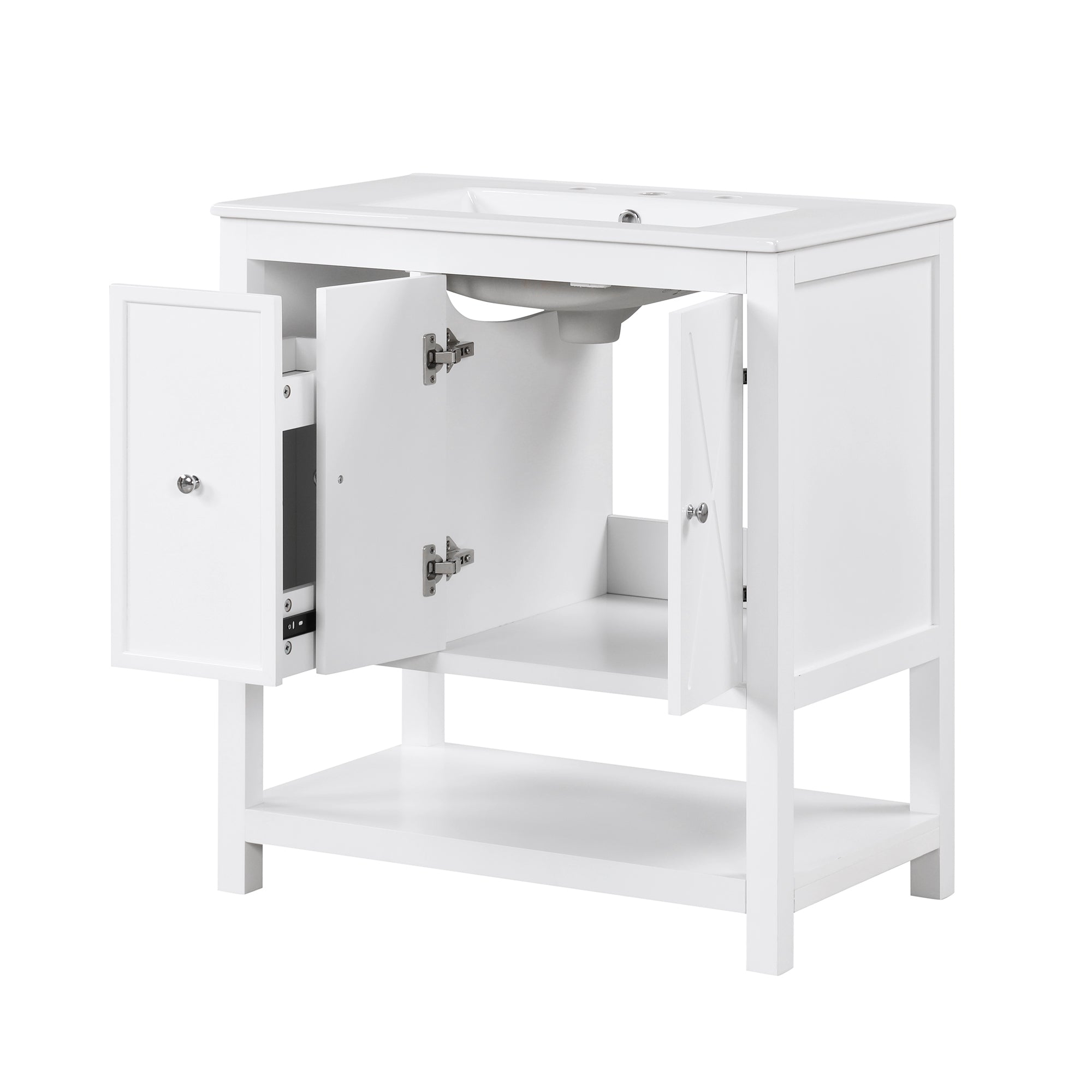 30 inch Freestanding Bathroom Vanity Set in White with Integrated Ceramic Sink