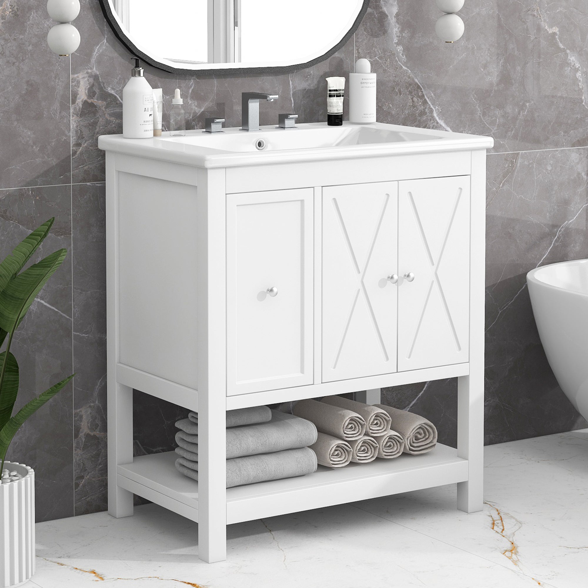 30 inch Freestanding Bathroom Vanity Set in White with Integrated Ceramic Sink
