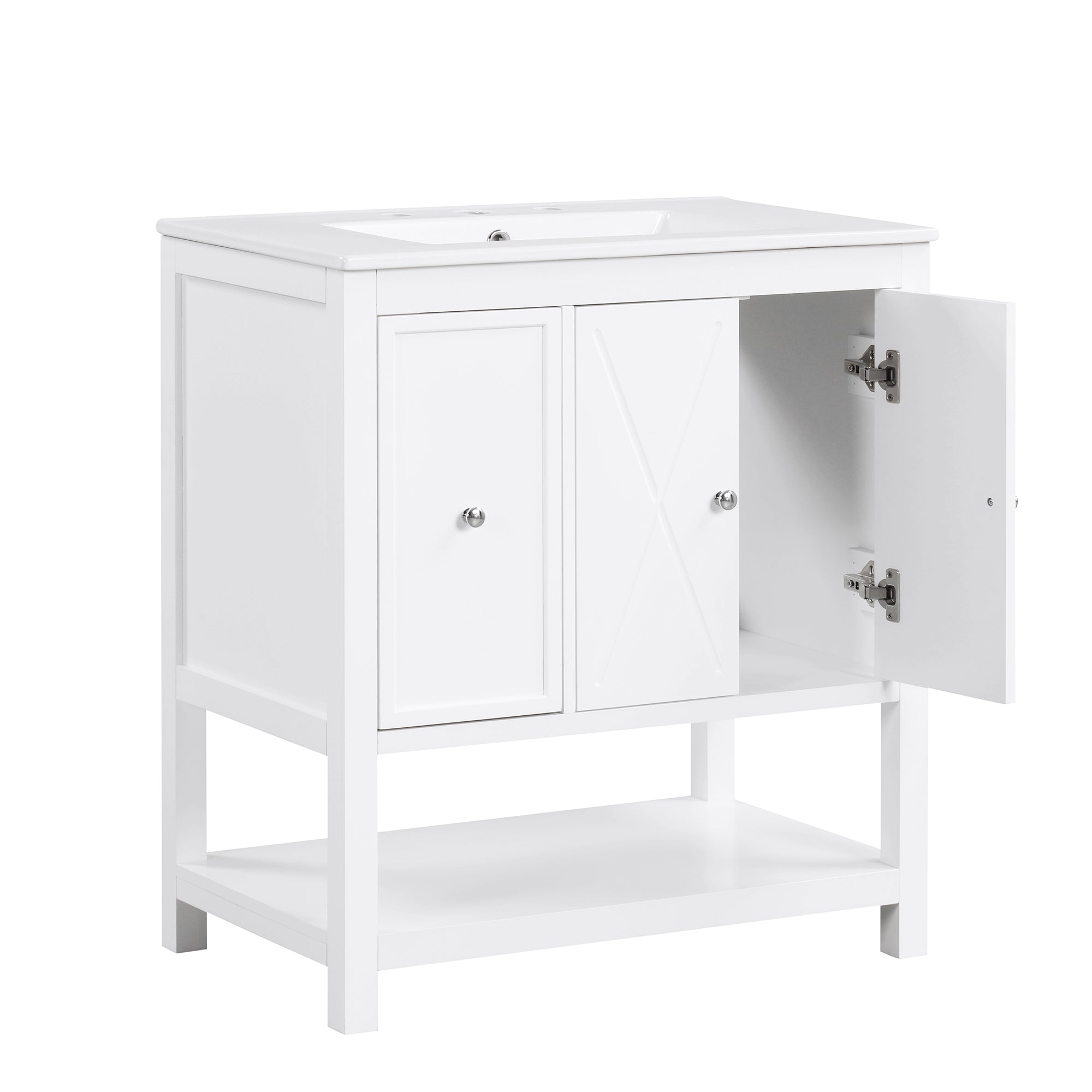 30 inch Freestanding Bathroom Vanity Set in White with Integrated Ceramic Sink