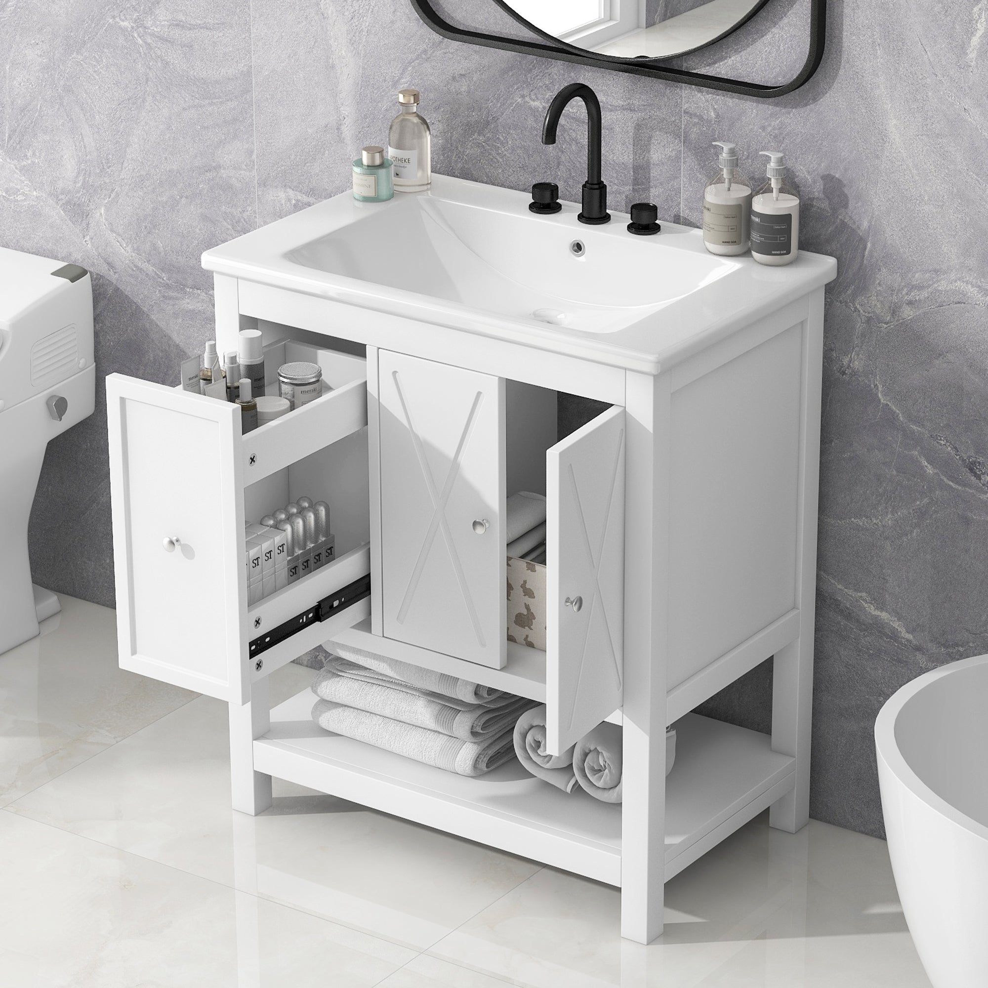 30 inch Freestanding Bathroom Vanity Set in White with Integrated Ceramic Sink