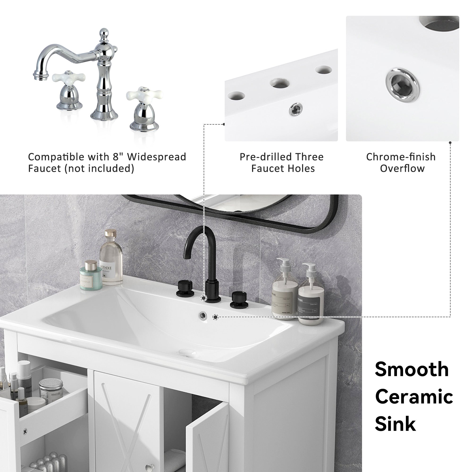 30 inch Freestanding Bathroom Vanity Set in White with Integrated Ceramic Sink