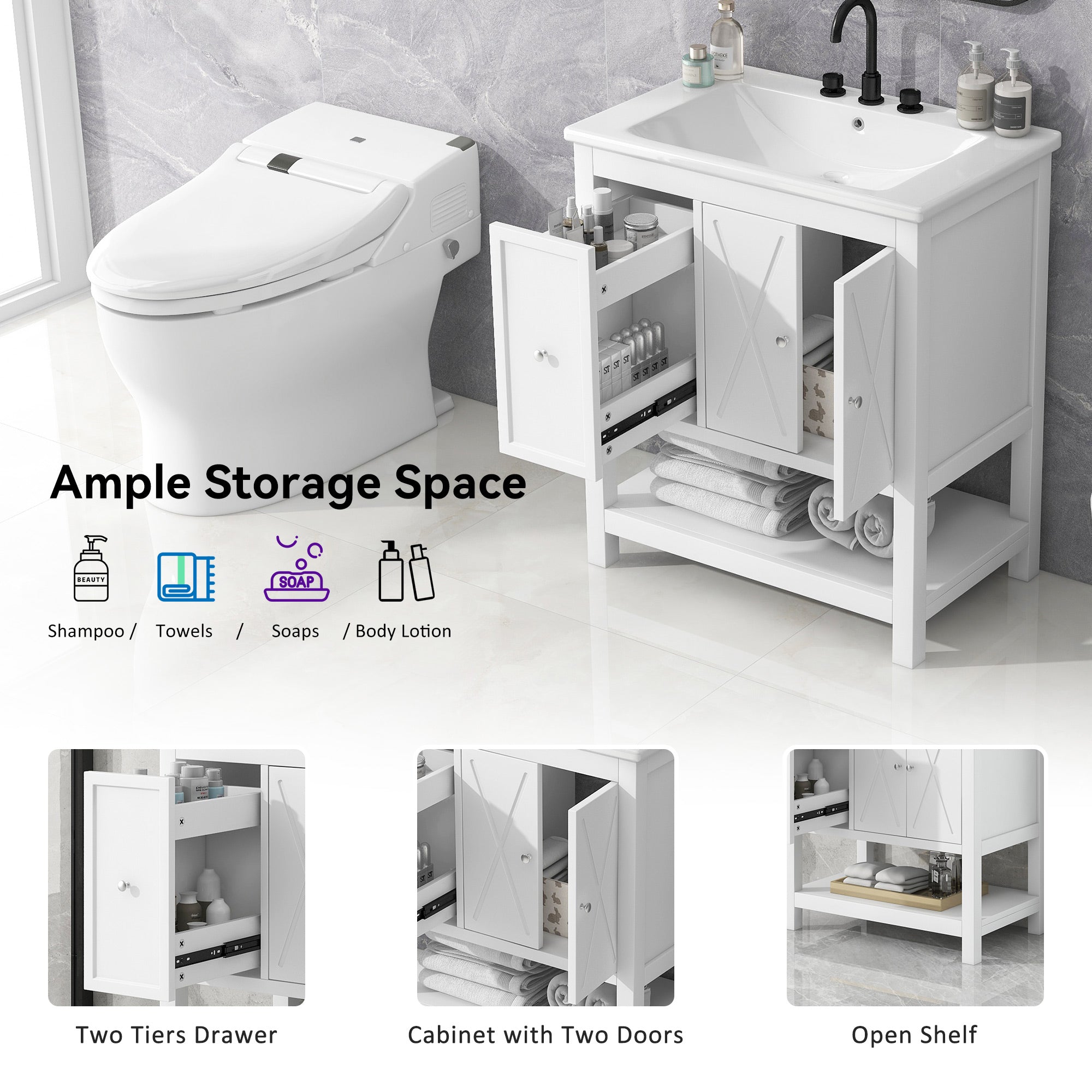 30 inch Freestanding Bathroom Vanity Set in White with Integrated Ceramic Sink