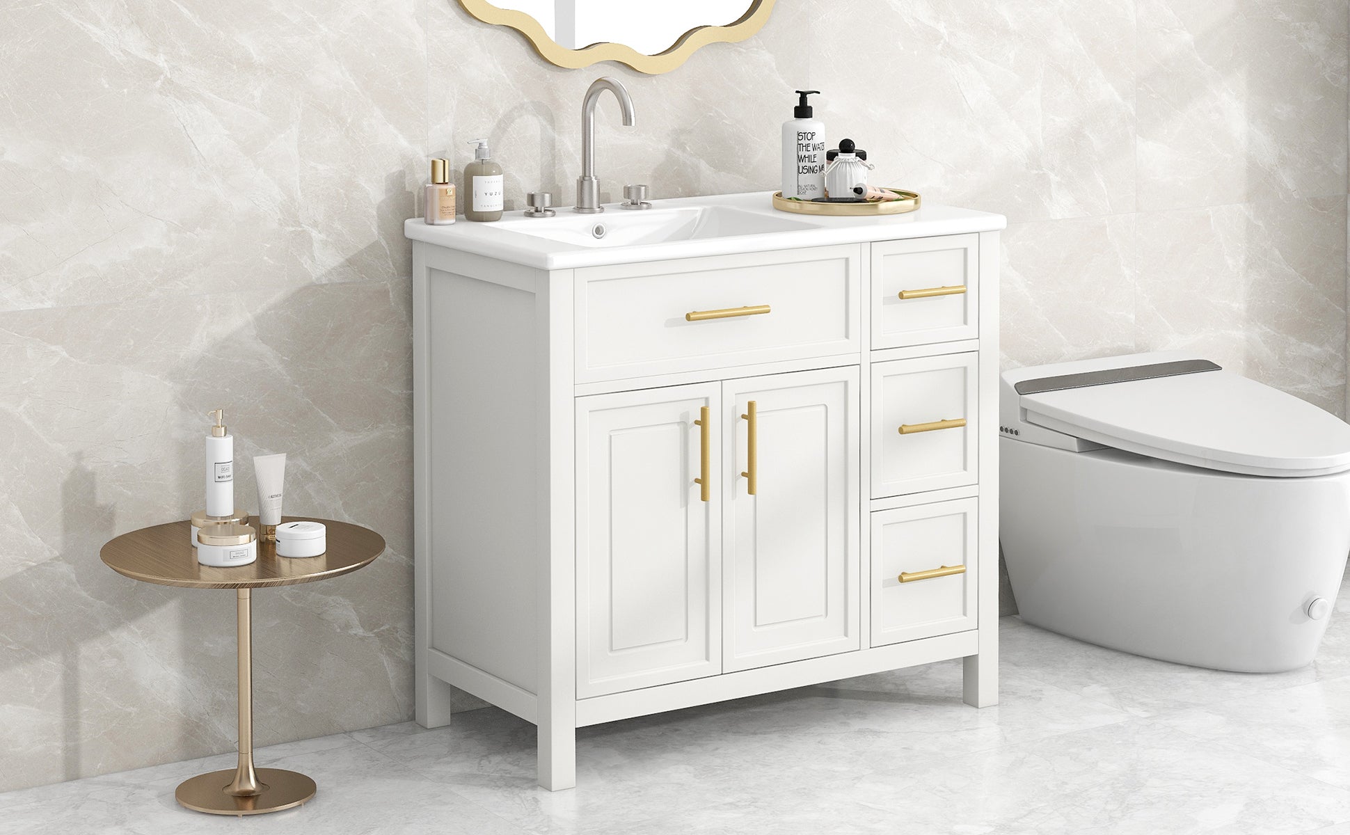 36 inch Freestanding Bathroom Vanity Set in Off White with Integrated Ceramic Sink