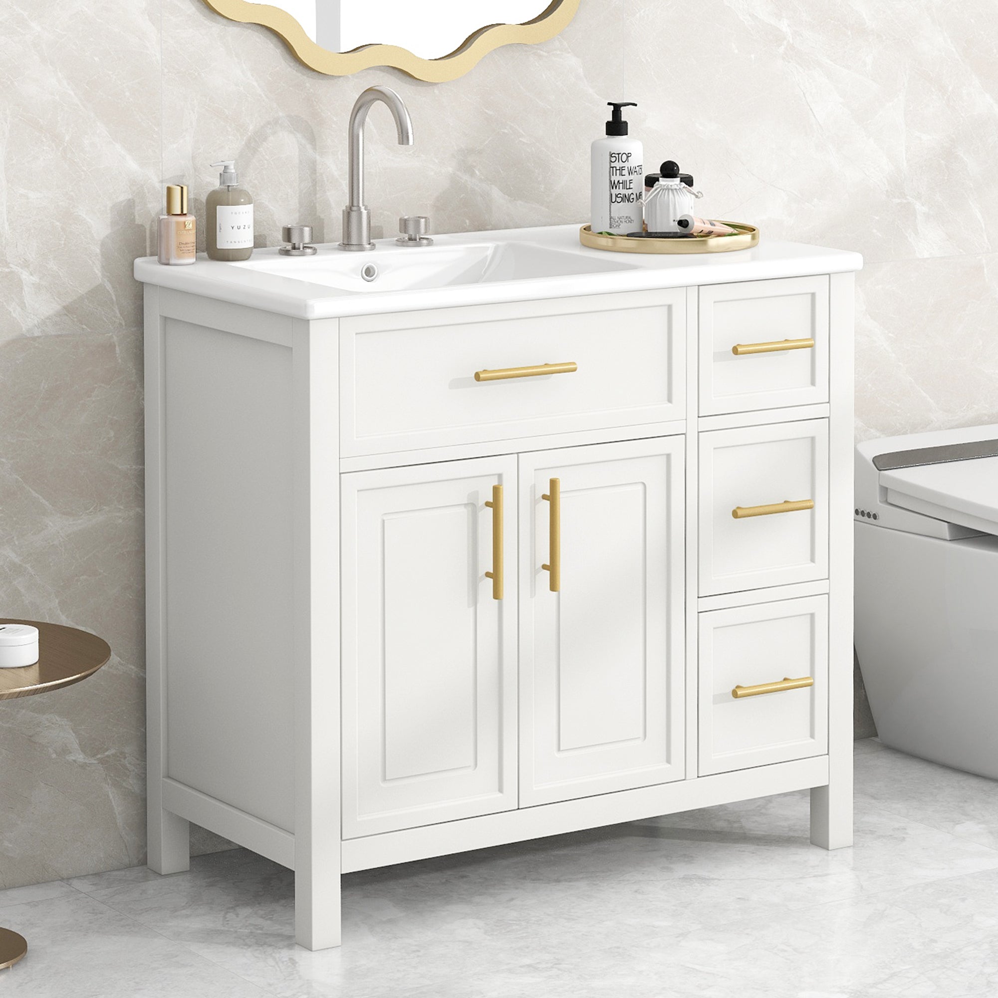 36 inch Freestanding Bathroom Vanity Set in Off White with Integrated Ceramic Sink
