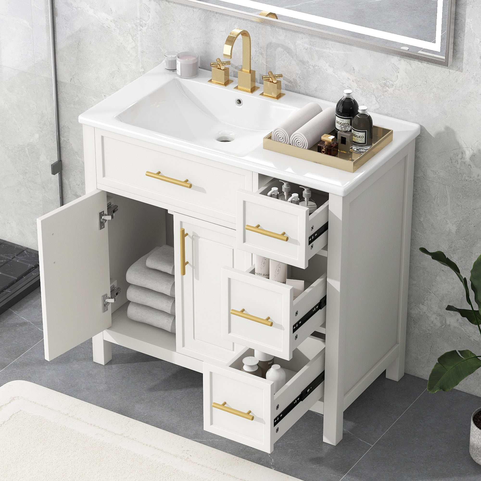 36 inch Freestanding Bathroom Vanity Set in Off White with Integrated Ceramic Sink