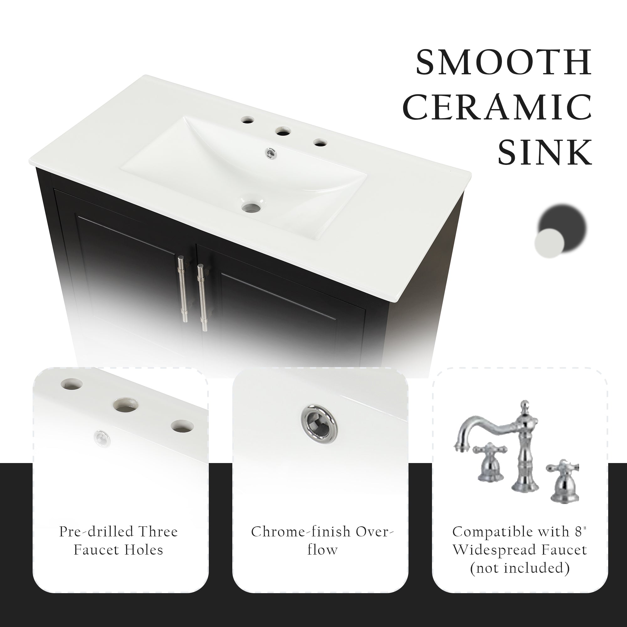 36 inch Freestanding Bathroom Vanity Set in Black with Integrated Ceramic Sink