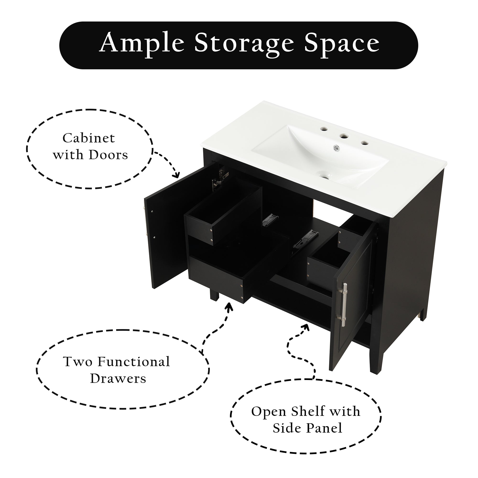 36 inch Freestanding Bathroom Vanity Set in Black with Integrated Ceramic Sink