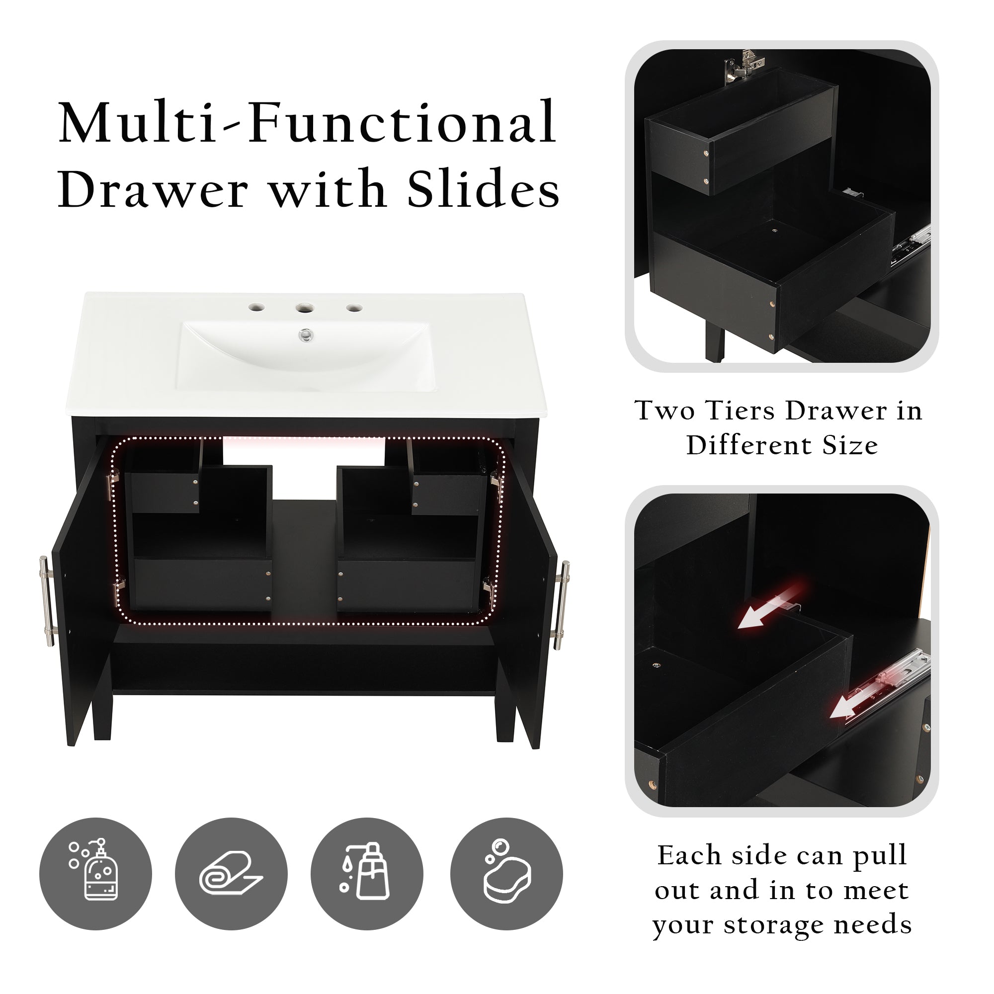 36 inch Freestanding Bathroom Vanity Set in Black with Integrated Ceramic Sink