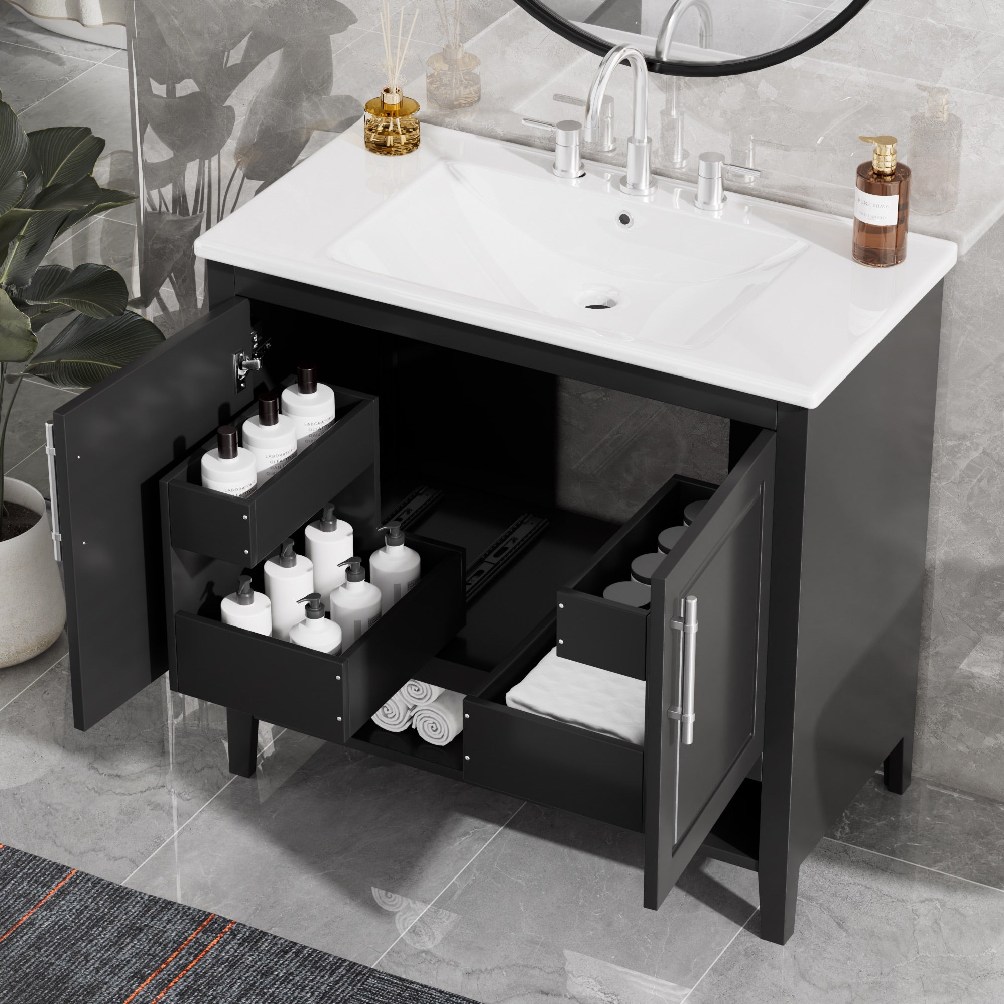 36 inch Freestanding Bathroom Vanity Set in Black with Integrated Ceramic Sink