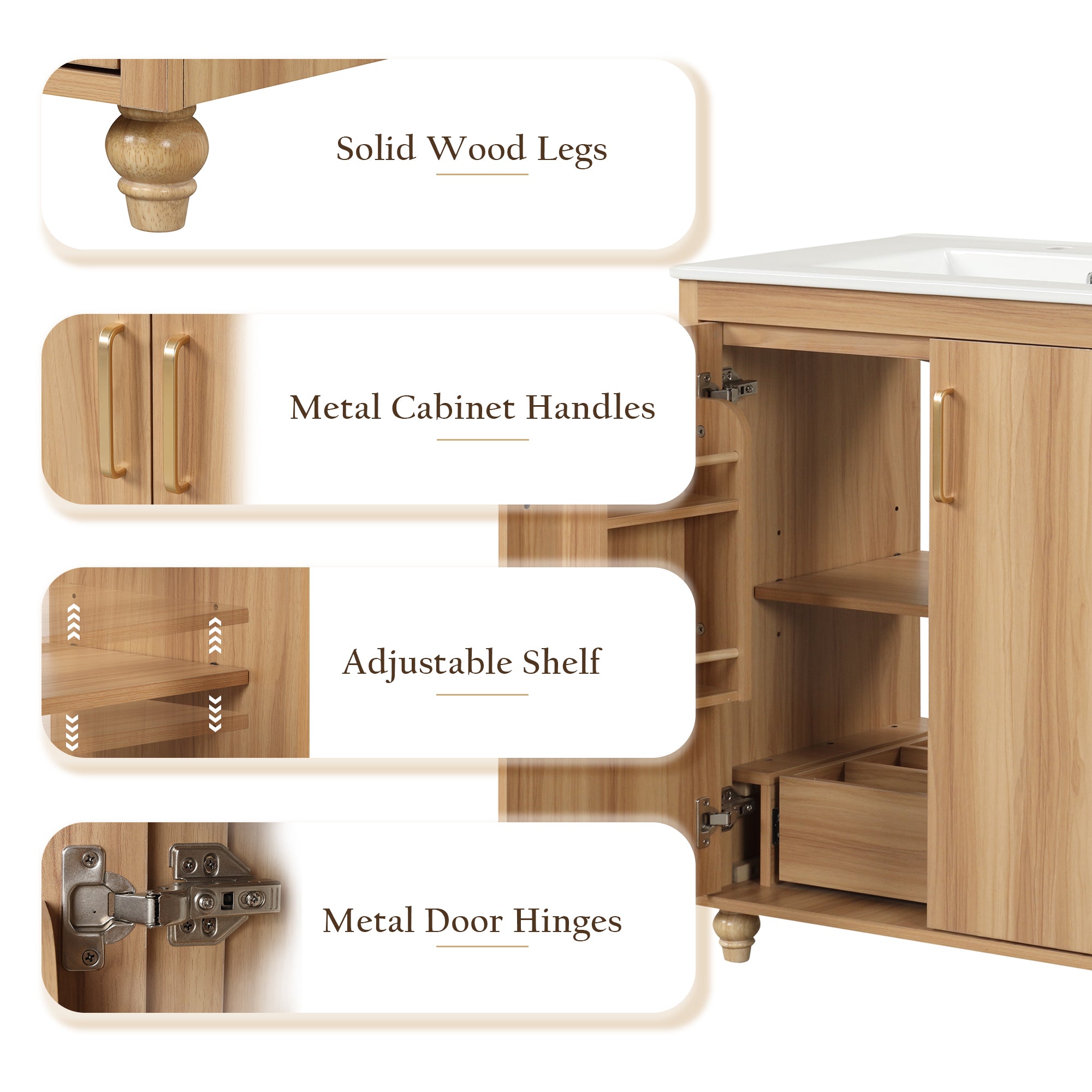 30 inch Freestanding Bathroom Vanity Set in Natural with Integrated Ceramic Sink