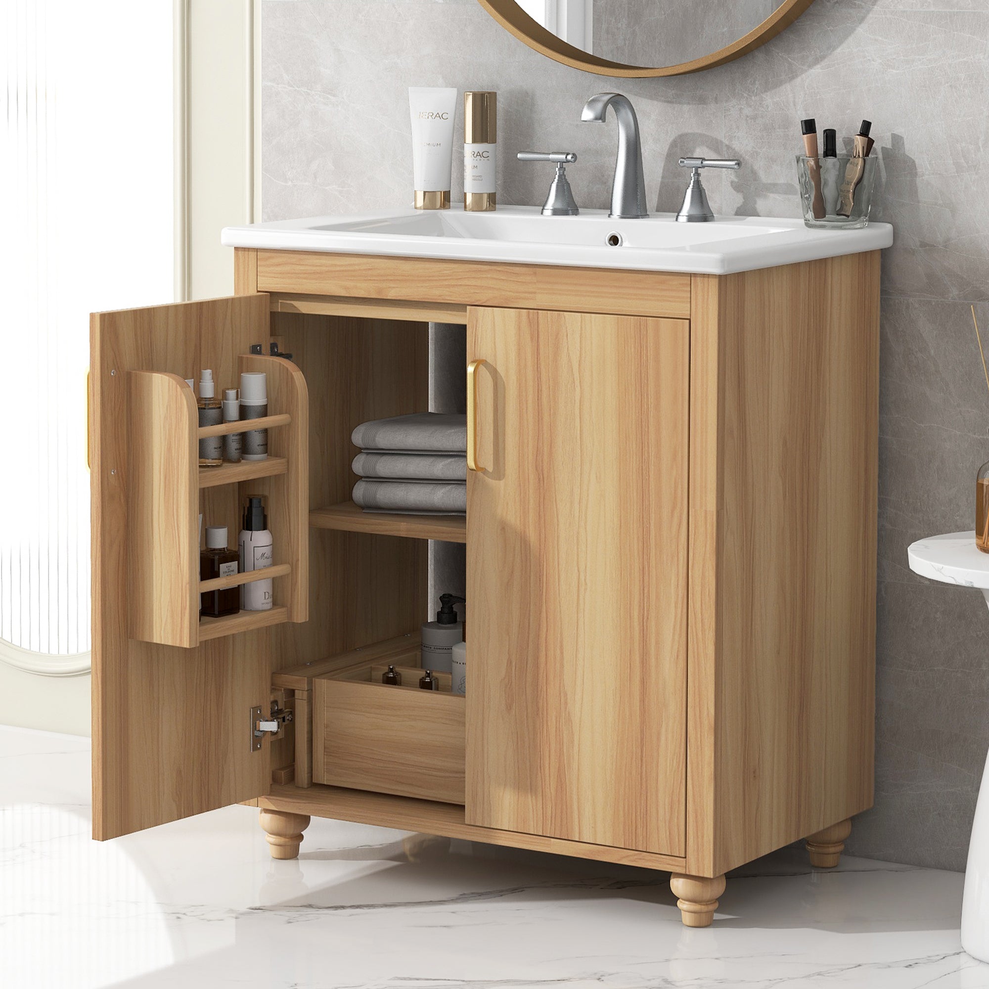 30 inch Freestanding Bathroom Vanity Set in Natural with Integrated Ceramic Sink