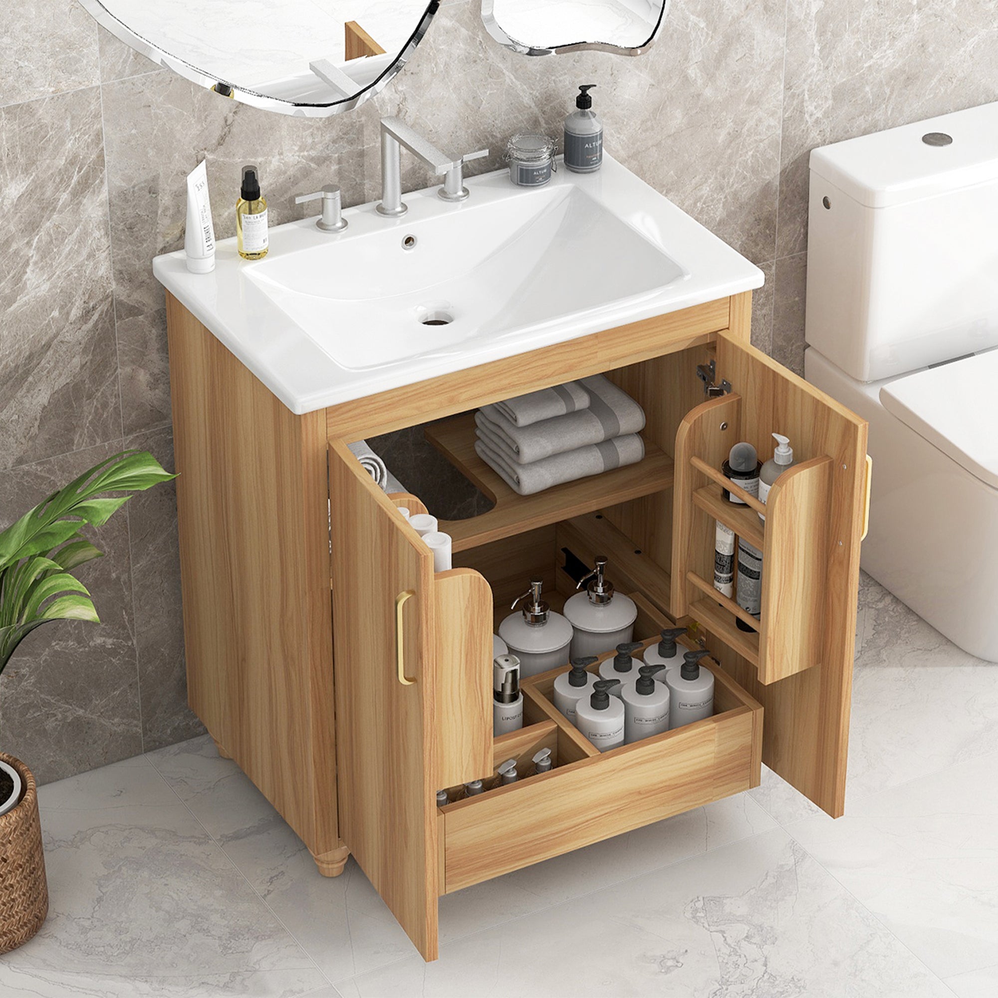 30 inch Freestanding Bathroom Vanity Set in Natural with Integrated Ceramic Sink