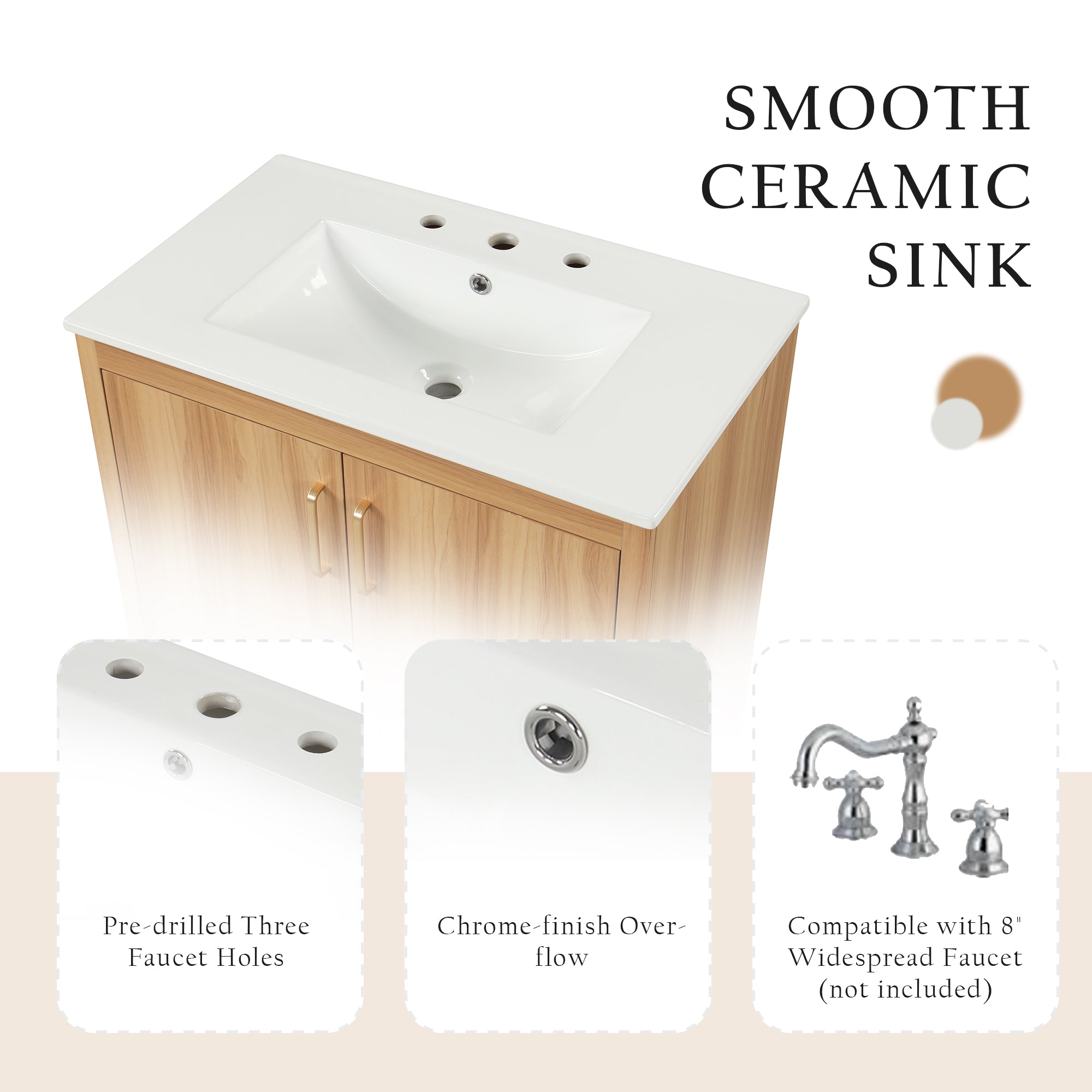 30 inch Freestanding Bathroom Vanity Set in Natural with Integrated Ceramic Sink