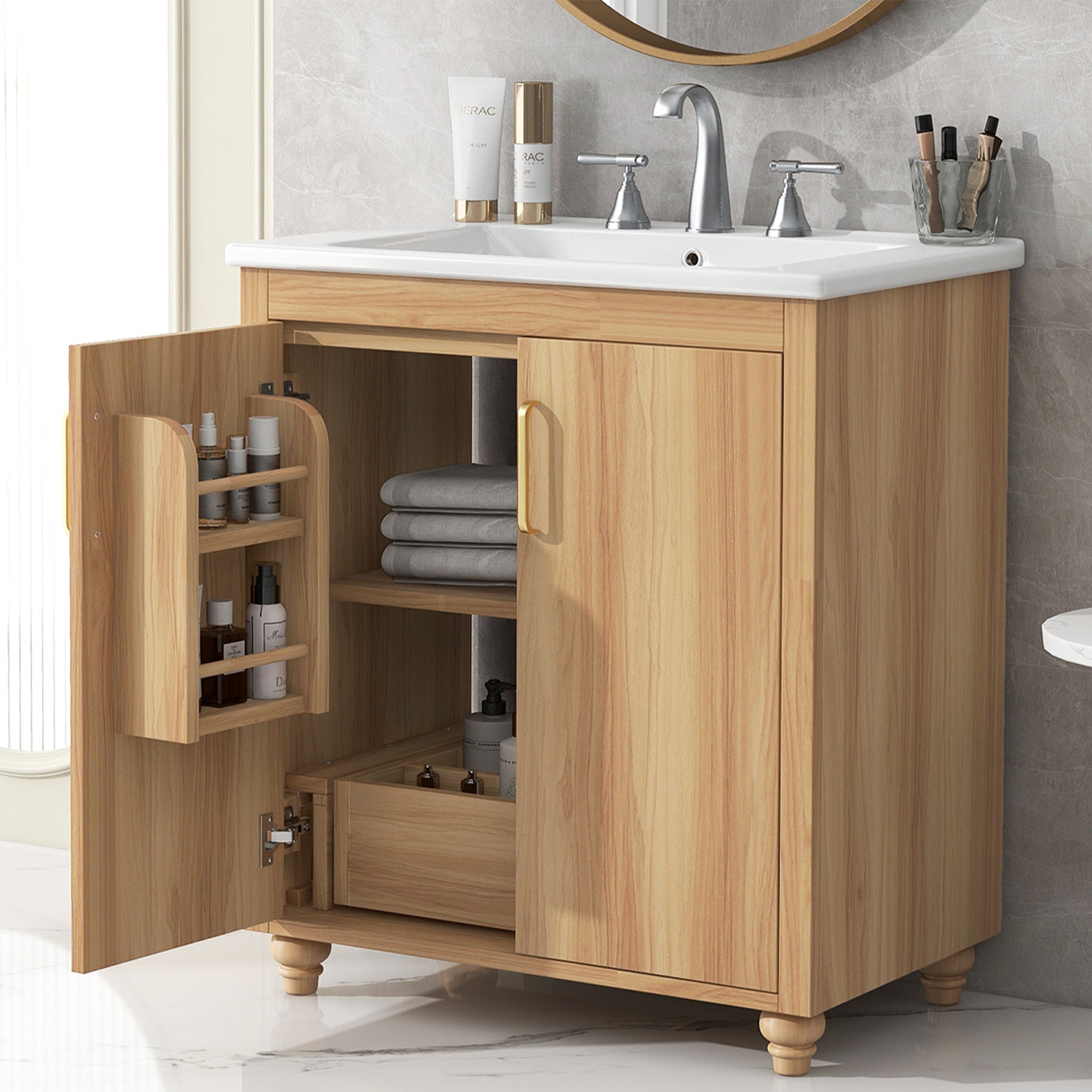 30 inch Freestanding Bathroom Vanity Set in Natural with Integrated Ceramic Sink