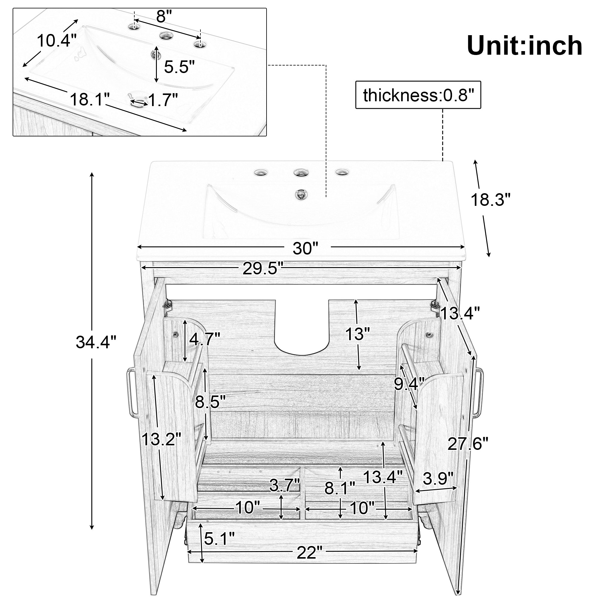 30 inch Freestanding Bathroom Vanity Set in Natural with Integrated Ceramic Sink