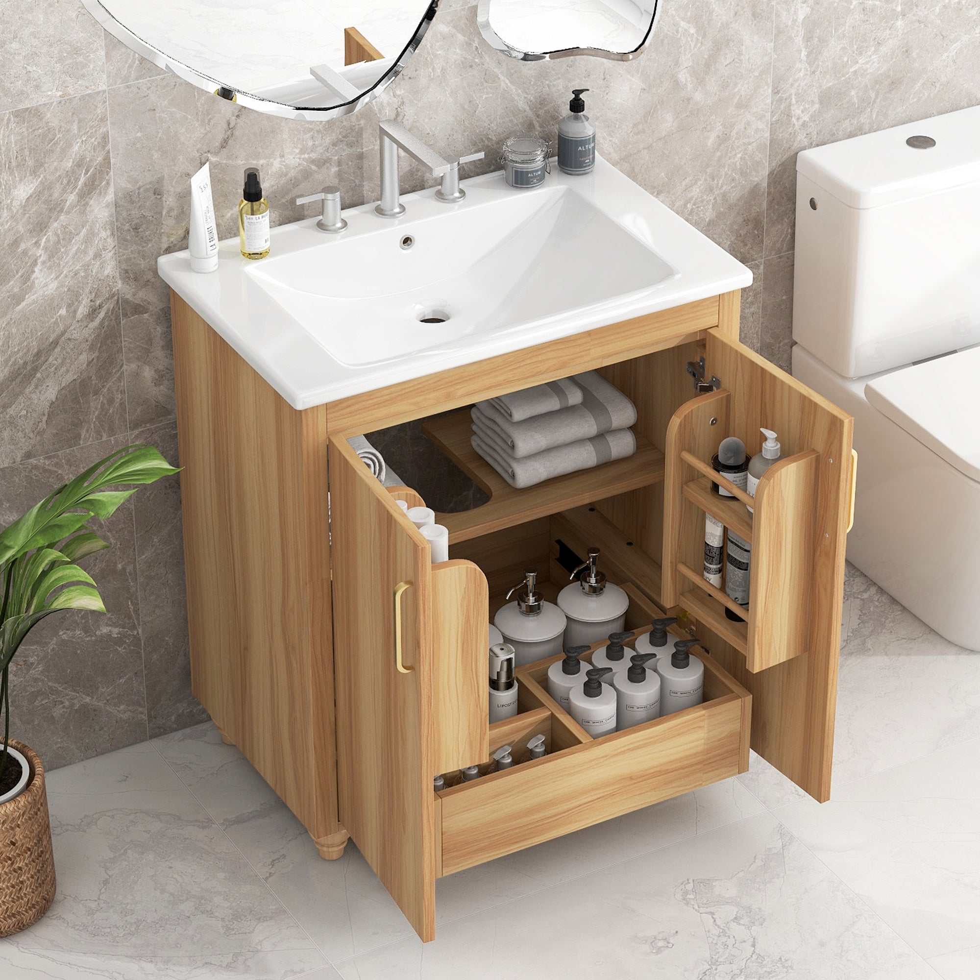 30 inch Freestanding Bathroom Vanity Set in Natural with Integrated Ceramic Sink