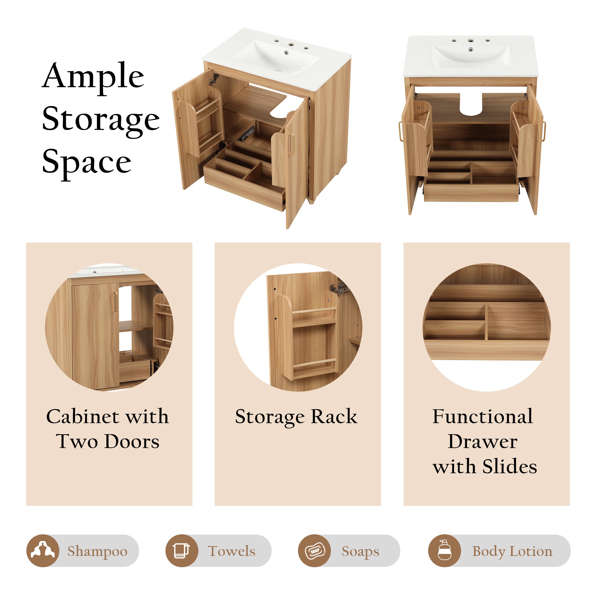 30 inch Freestanding Bathroom Vanity Set in Natural with Integrated Ceramic Sink