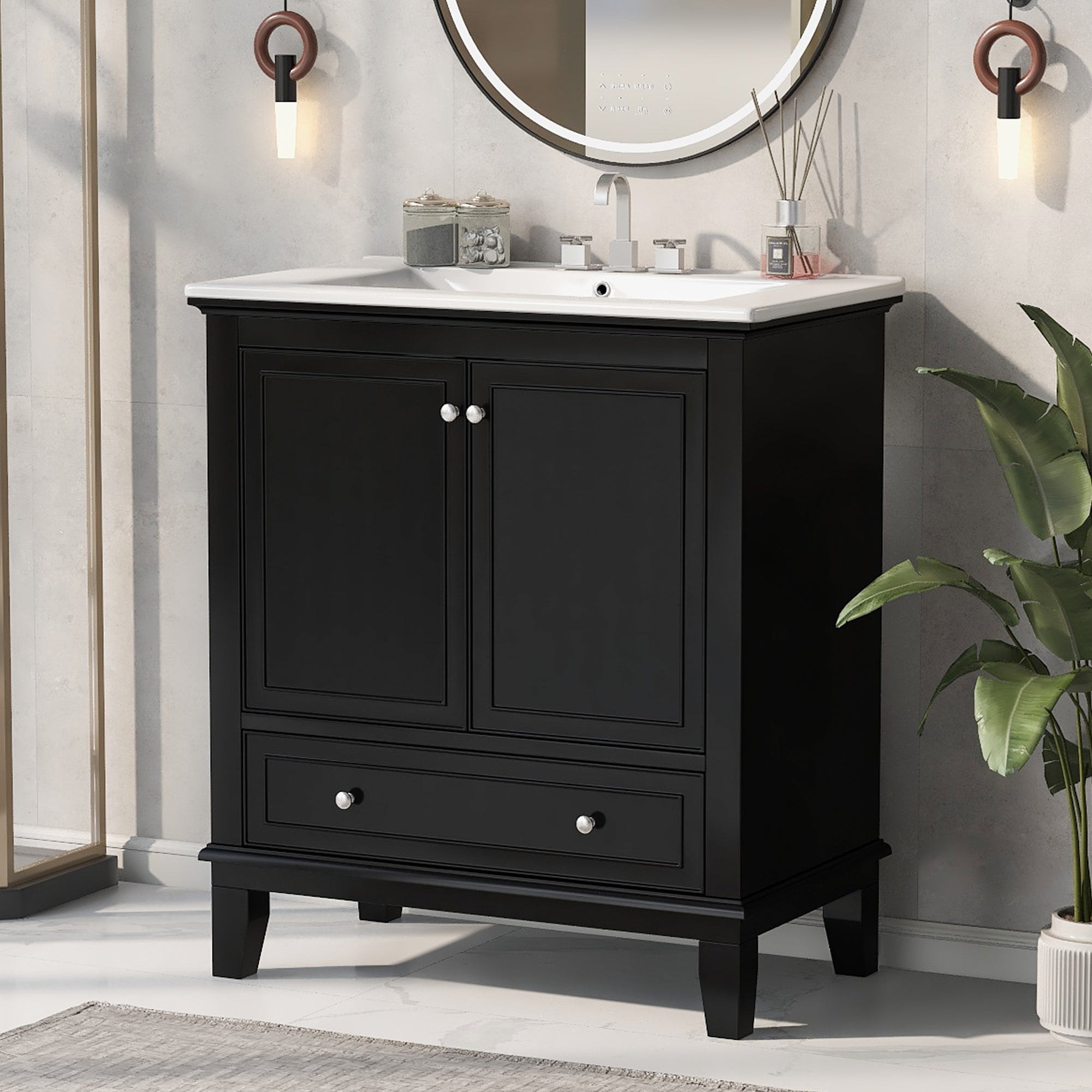 30 inch Freestanding Bathroom Vanity Set in Black with Integrated Ceramic Sink