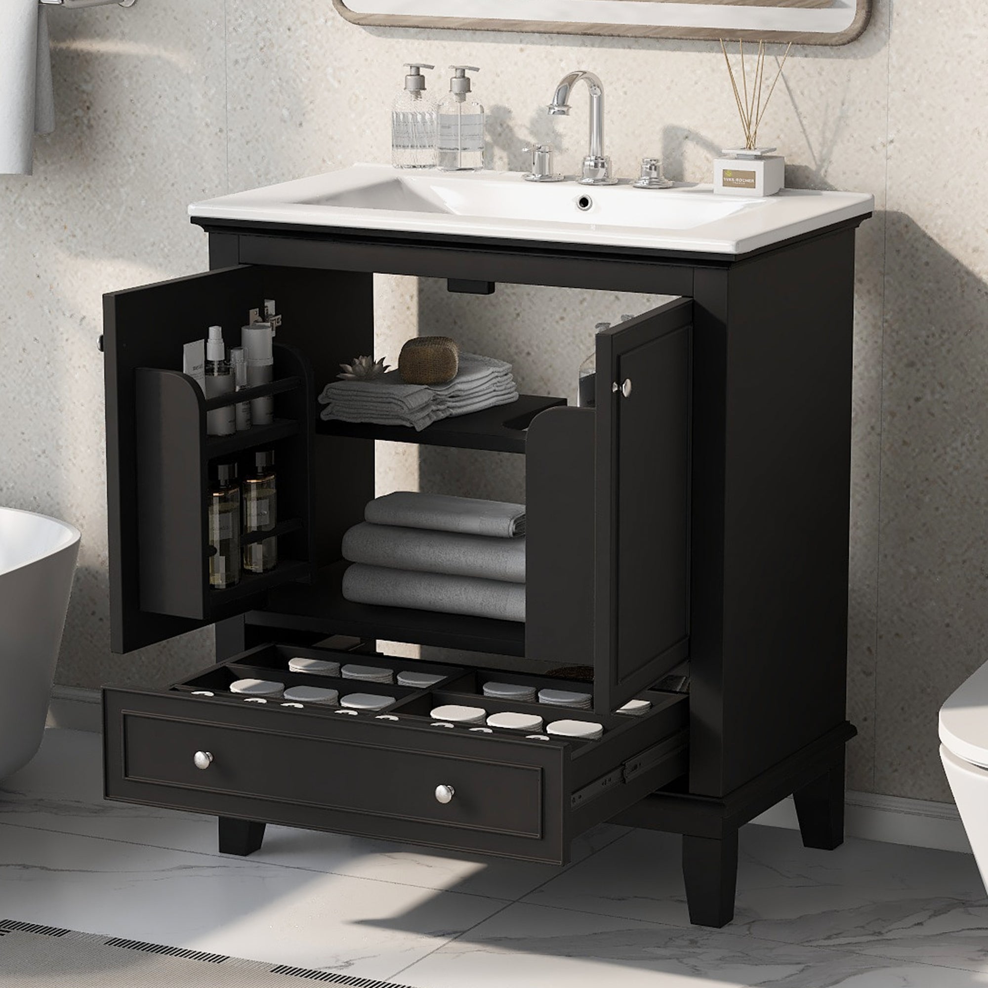 30 inch Freestanding Bathroom Vanity Set in Black with Integrated Ceramic Sink