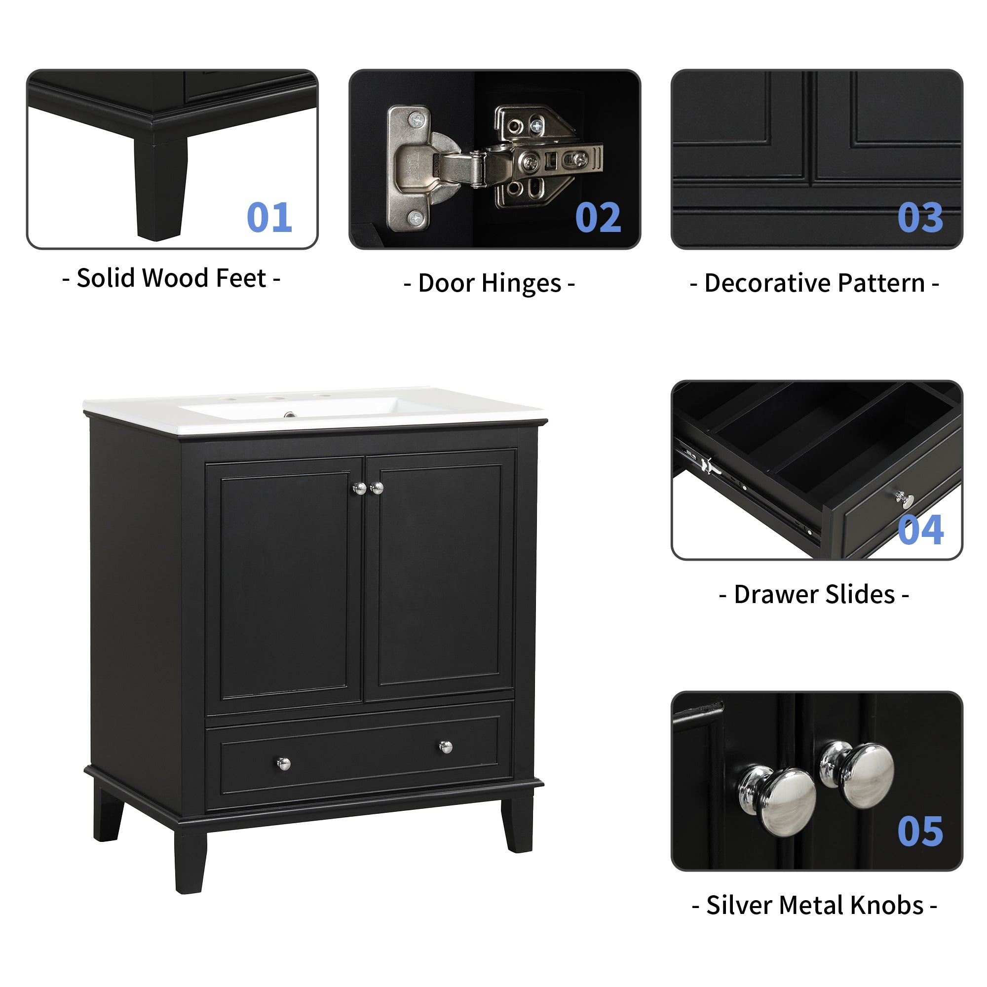 30 inch Freestanding Bathroom Vanity Set in Black with Integrated Ceramic Sink
