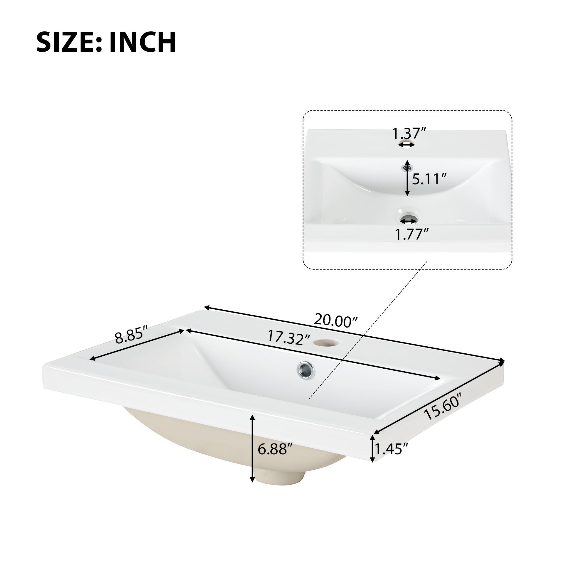 20 inch Freestanding Bathroom Vanity Set in White with Integrated Ceramic Sink