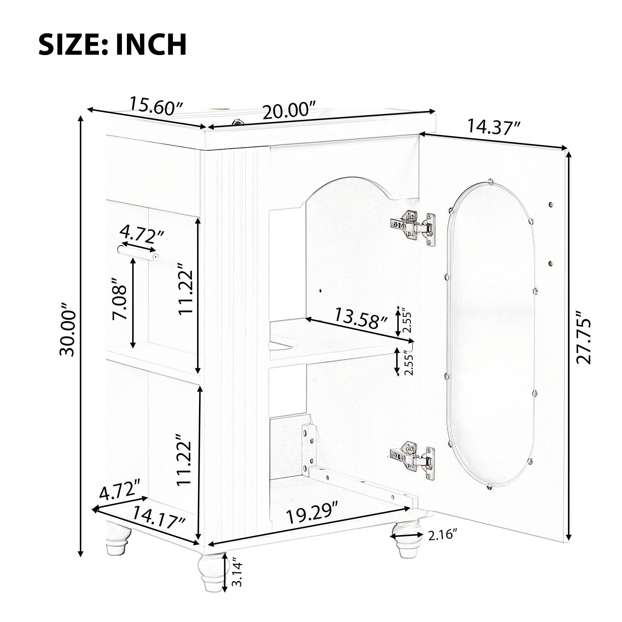 20 inch Freestanding Bathroom Vanity Set in White with Integrated Ceramic Sink