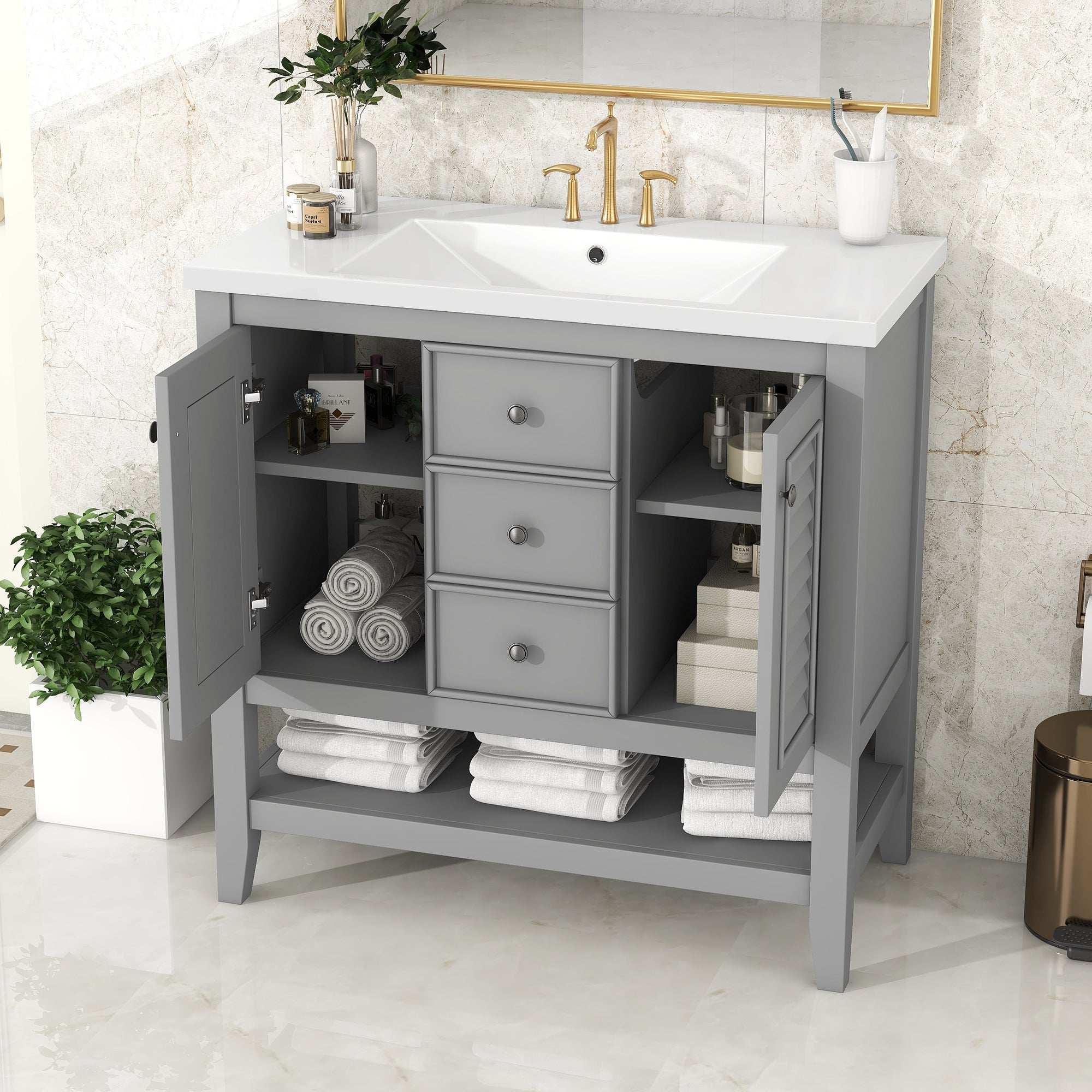 36 in. W x 18. in. D Bathroom Vanity with White Ceramic Sink