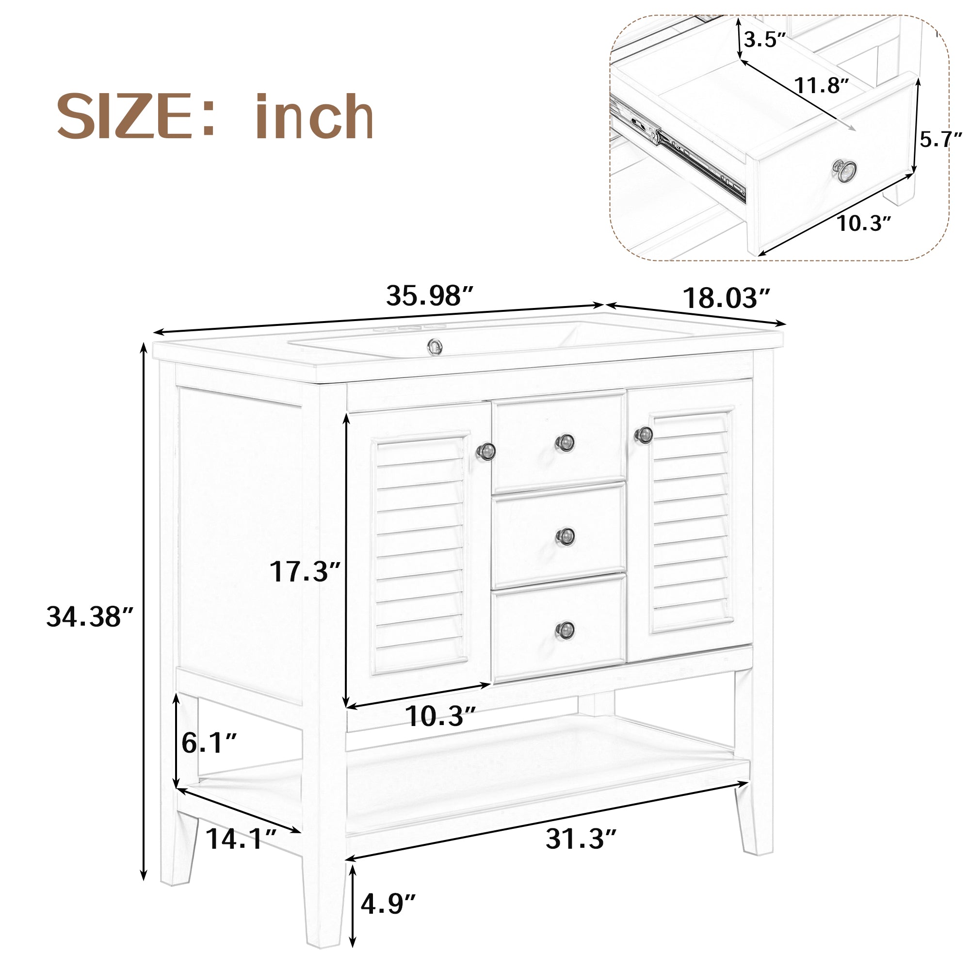 36 in. W x 18. in. D Bathroom Vanity with White Ceramic Sink