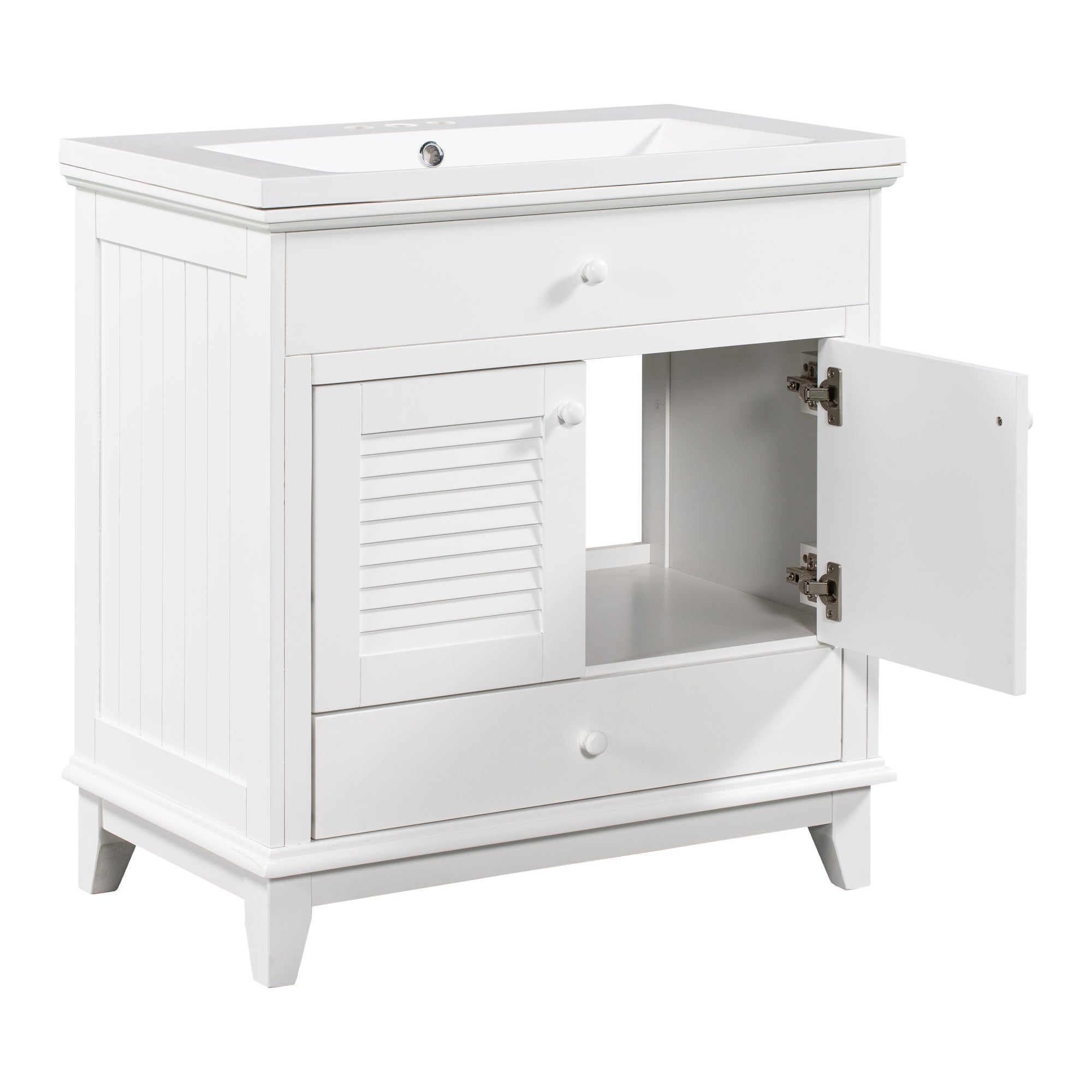 Solid Wood Freestanding Bathroom Vanity Set in White with Drawer, Integrated Sink and Doors