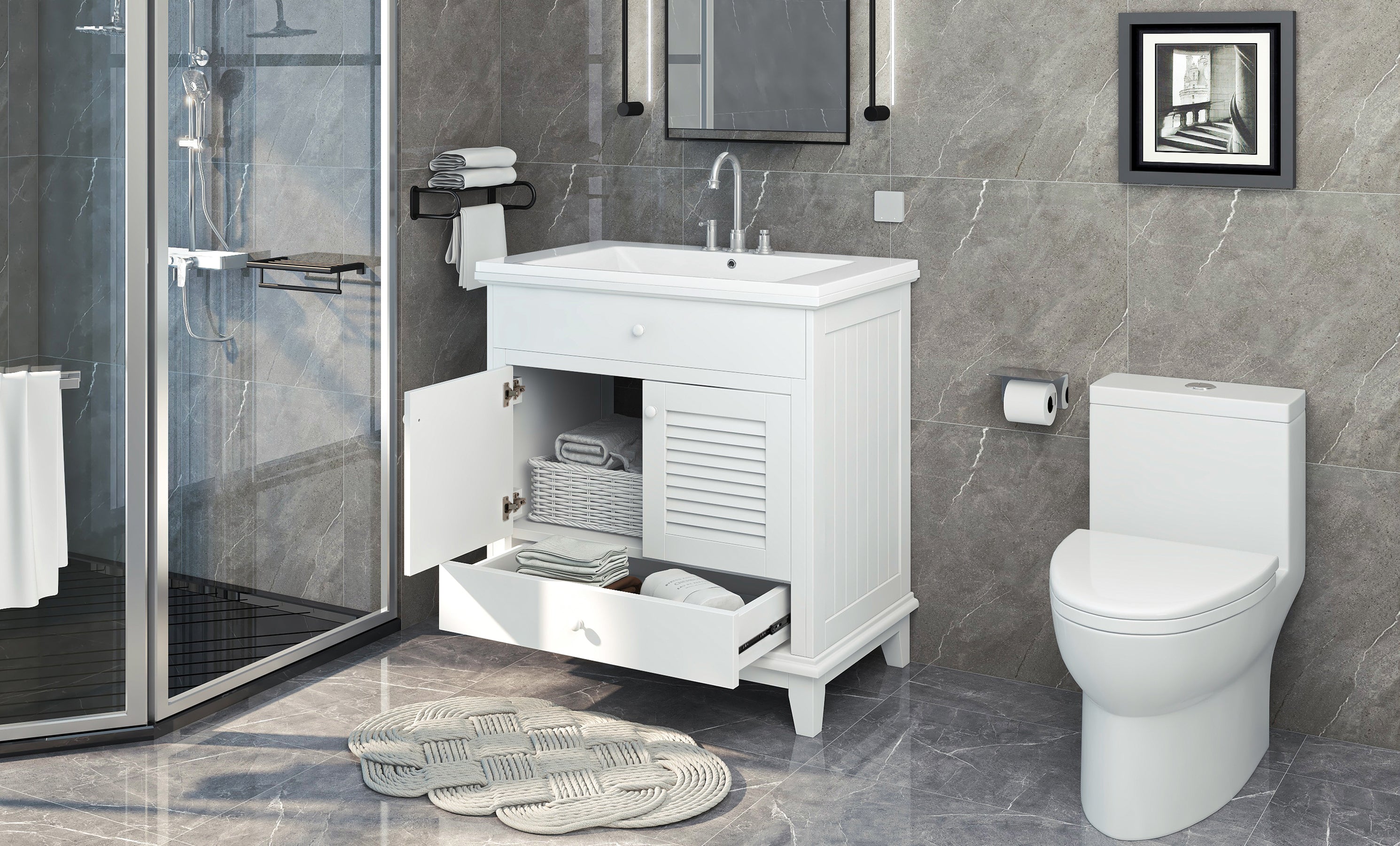 Solid Wood Freestanding Bathroom Vanity Set in White with Drawer, Integrated Sink and Doors