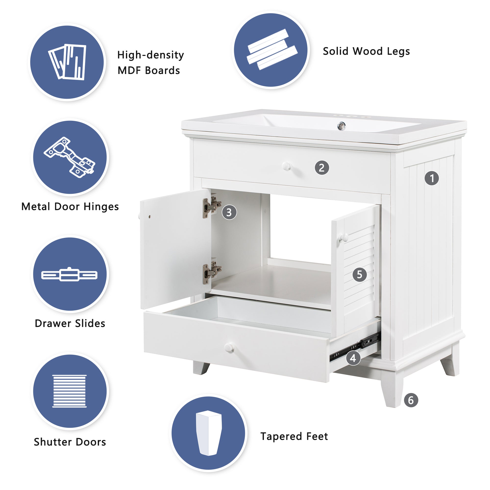 Solid Wood Freestanding Bathroom Vanity Set in White with Drawer, Integrated Sink and Doors