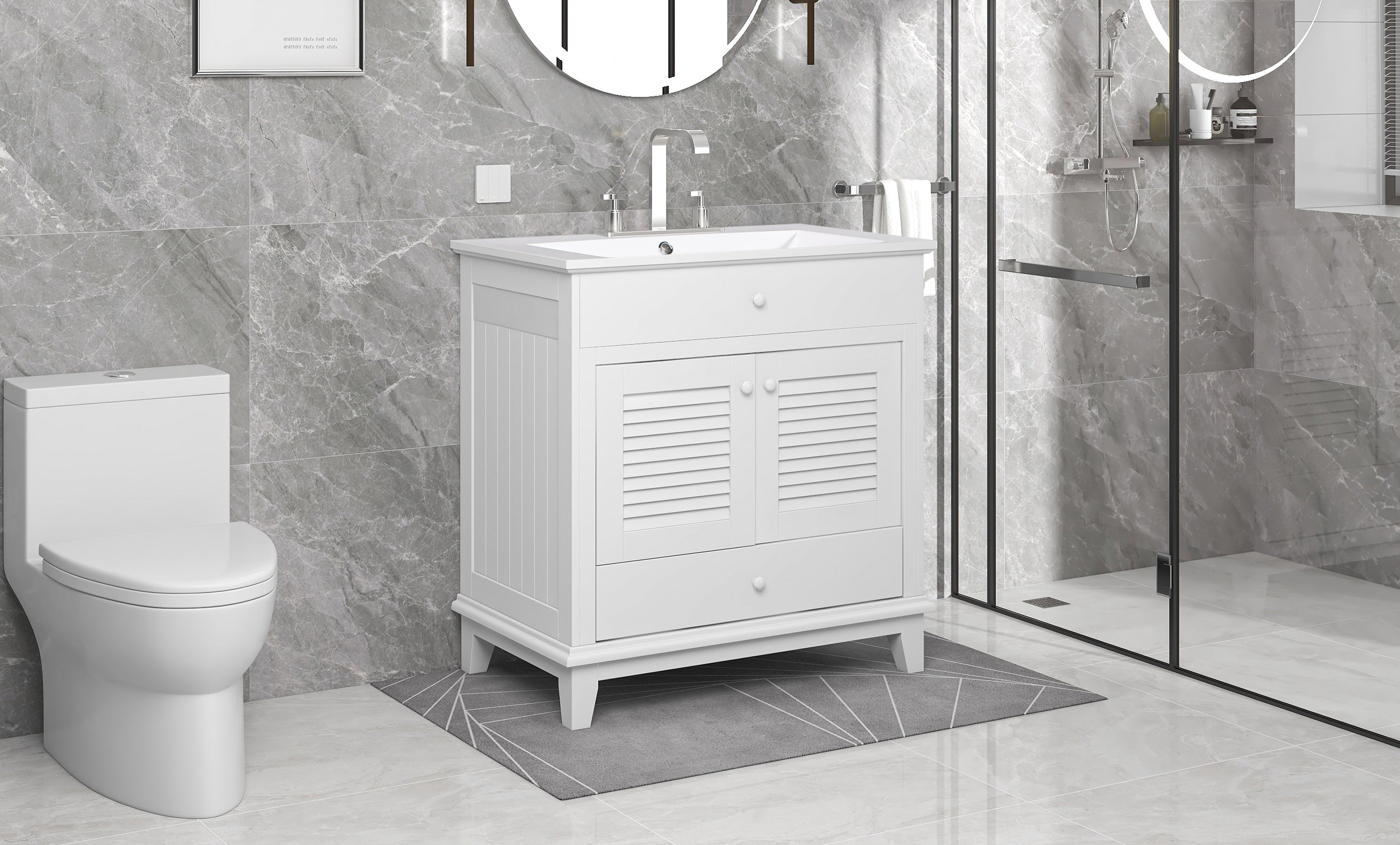Solid Wood Freestanding Bathroom Vanity Set in White with Drawer, Integrated Sink and Doors