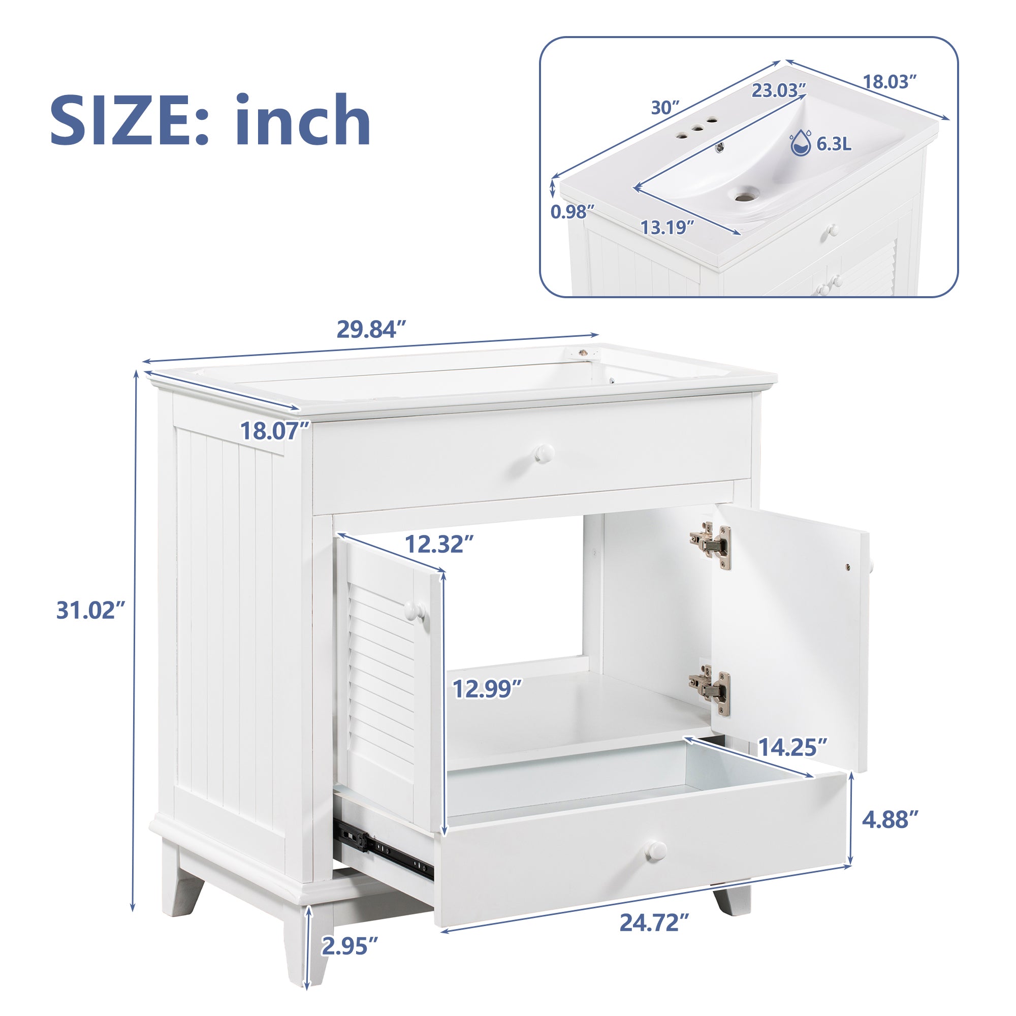 Solid Wood Freestanding Bathroom Vanity Set in White with Drawer, Integrated Sink and Doors