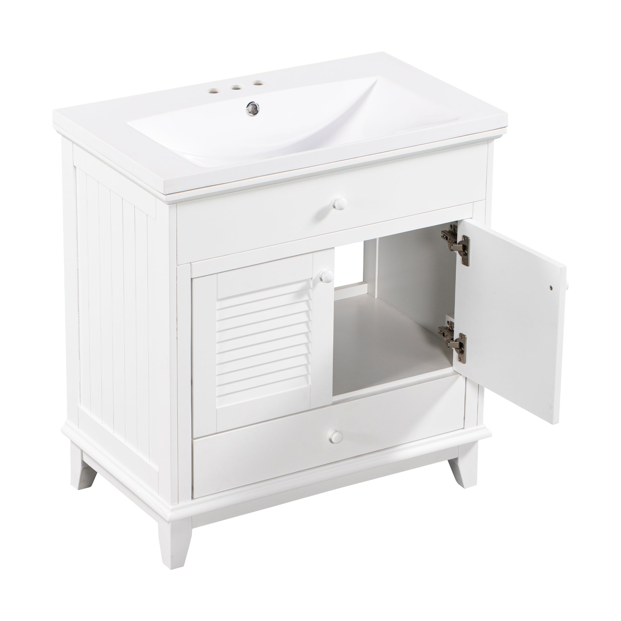 Solid Wood Freestanding Bathroom Vanity Set in White with Drawer, Integrated Sink and Doors