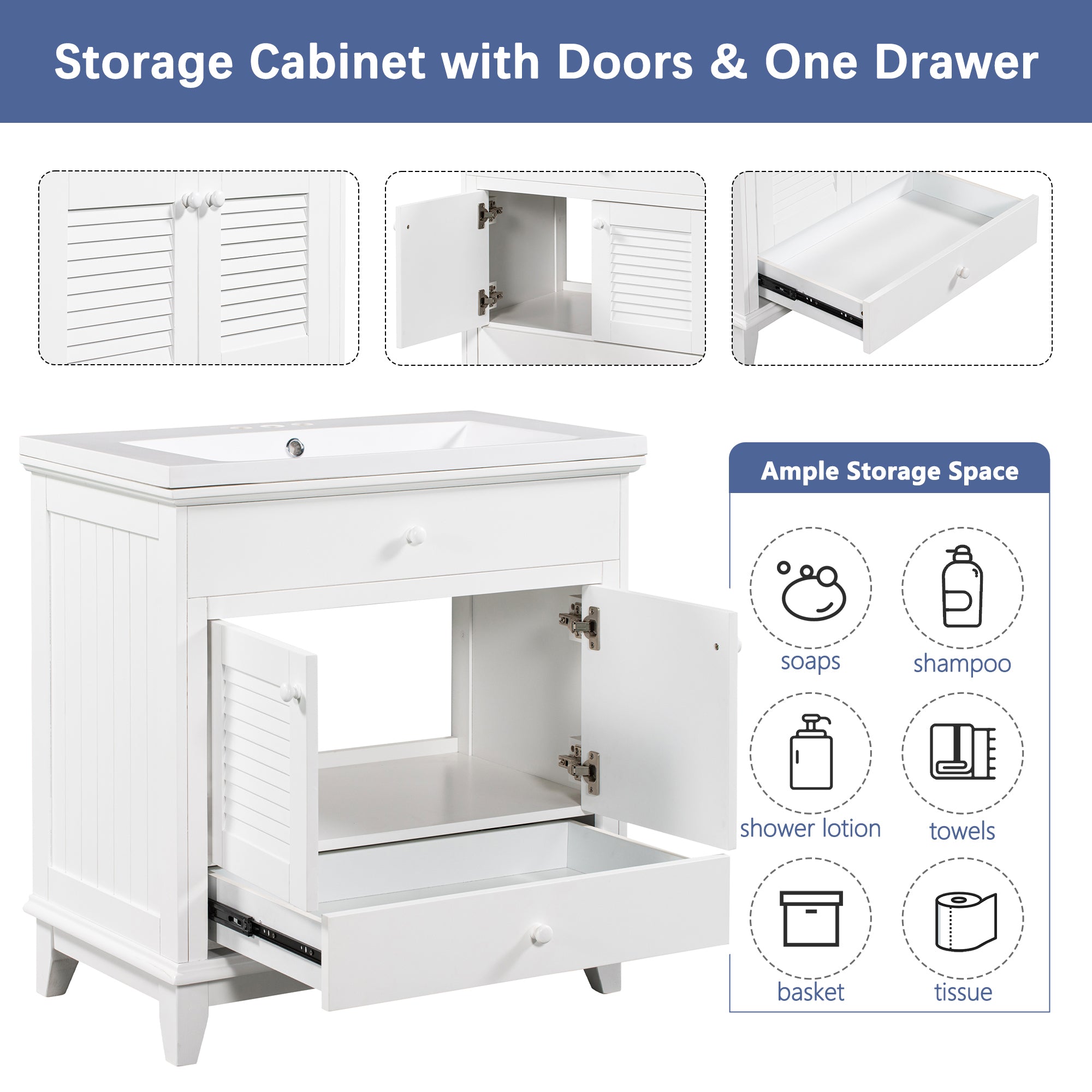 Solid Wood Freestanding Bathroom Vanity Set in White with Drawer, Integrated Sink and Doors