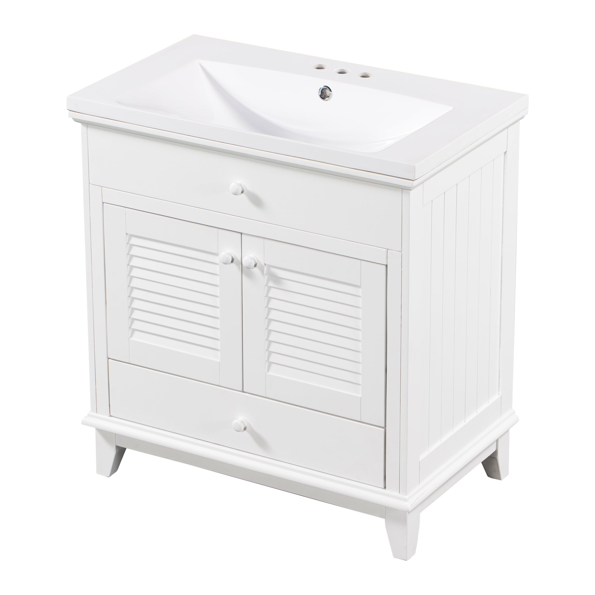 Solid Wood Freestanding Bathroom Vanity Set in White with Drawer, Integrated Sink and Doors