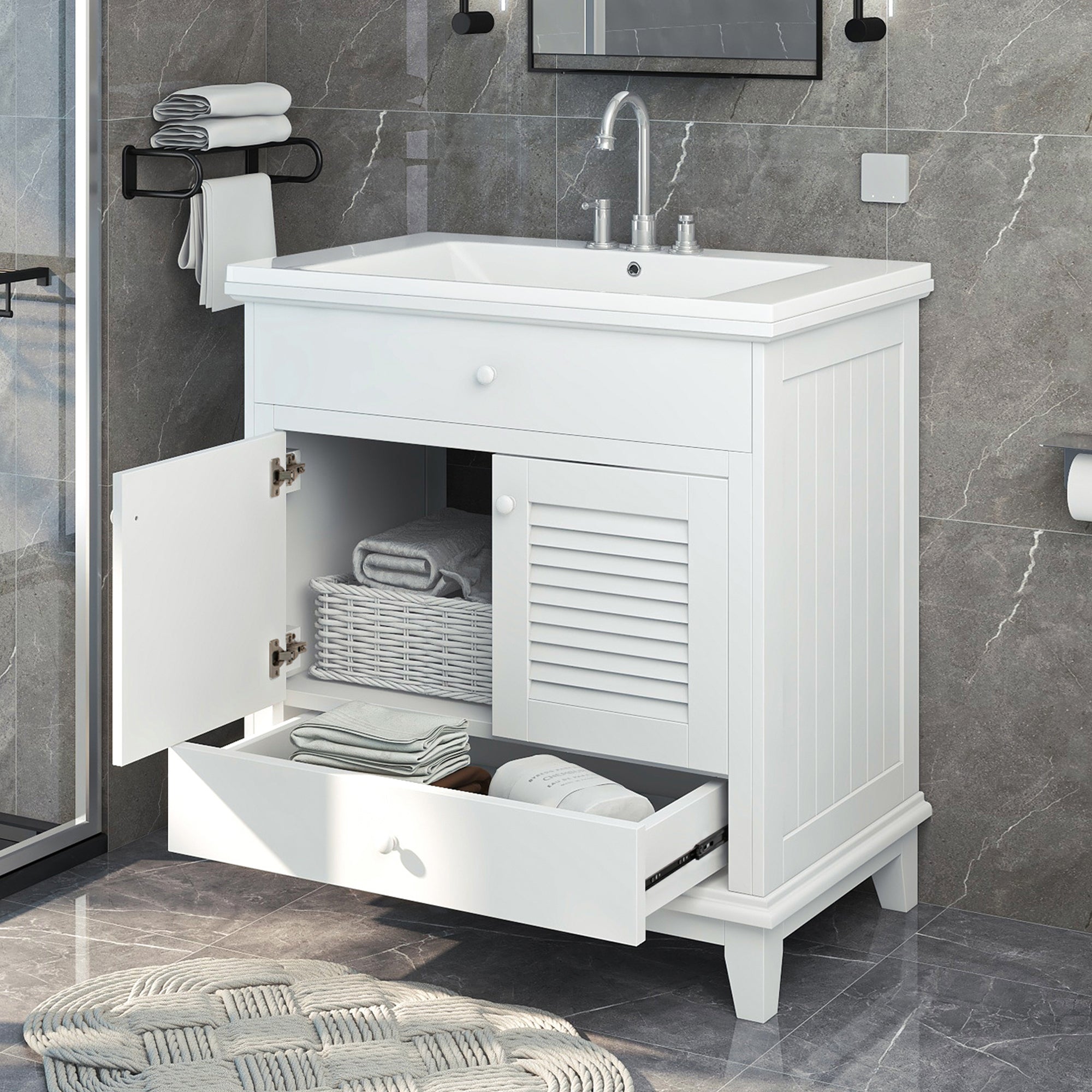 Solid Wood Freestanding Bathroom Vanity Set in White with Drawer, Integrated Sink and Doors