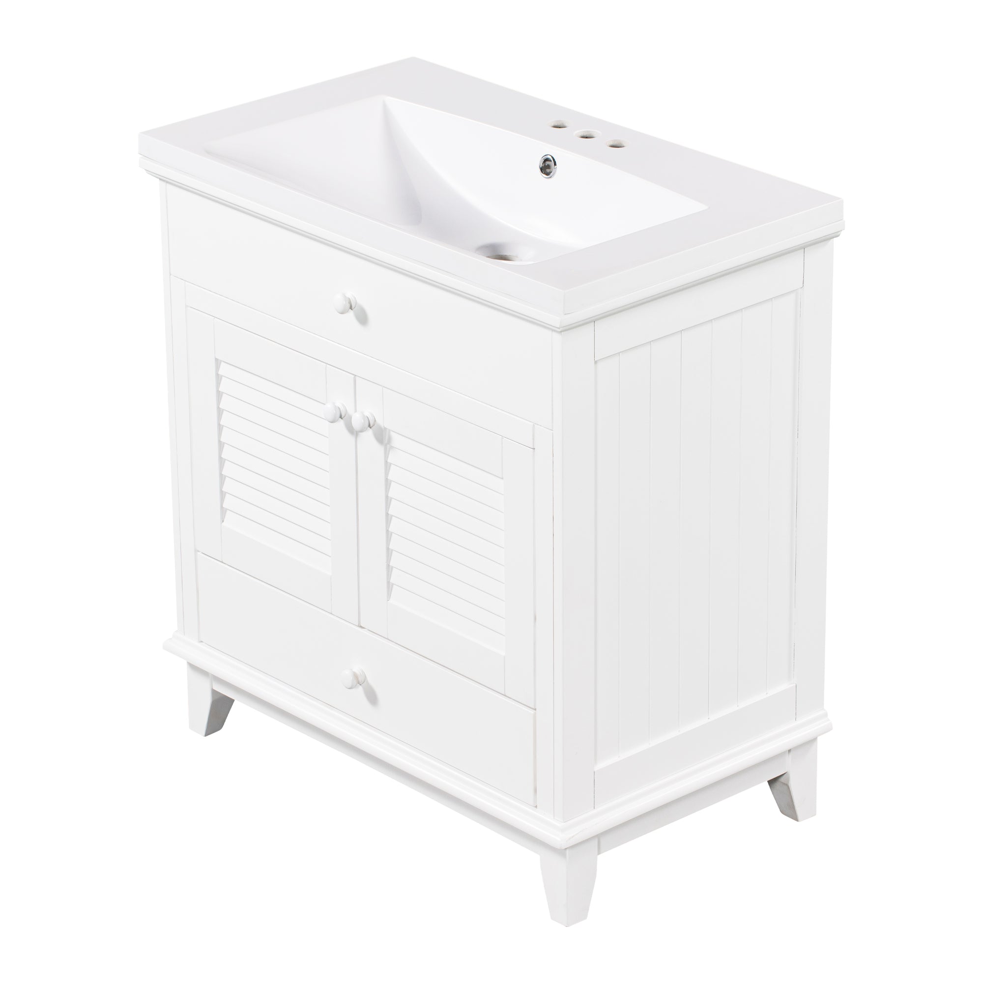 Solid Wood Freestanding Bathroom Vanity Set in White with Drawer, Integrated Sink and Doors